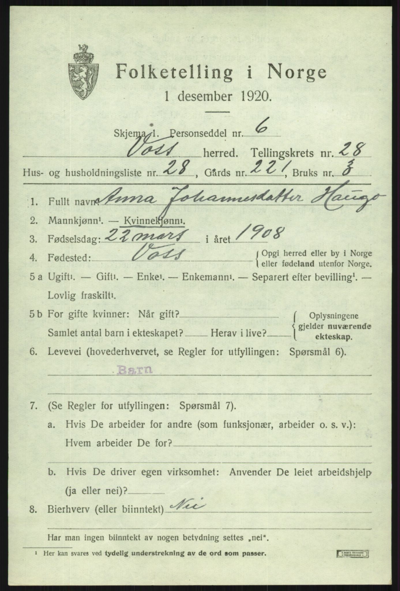 SAB, 1920 census for Voss, 1920, p. 19243