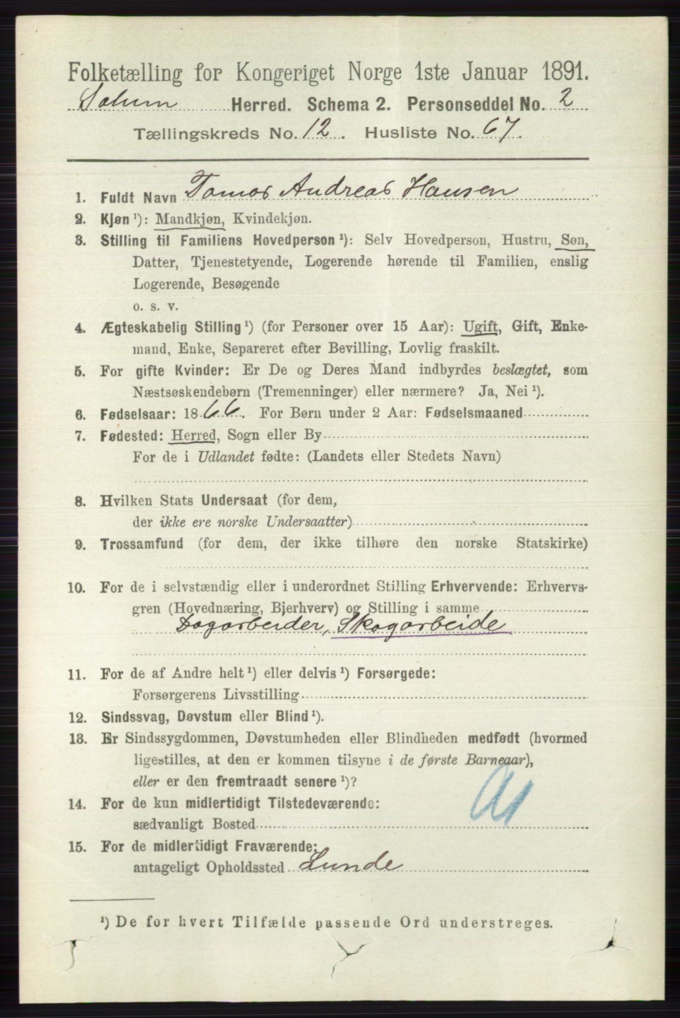 RA, 1891 census for 0818 Solum, 1891, p. 5995