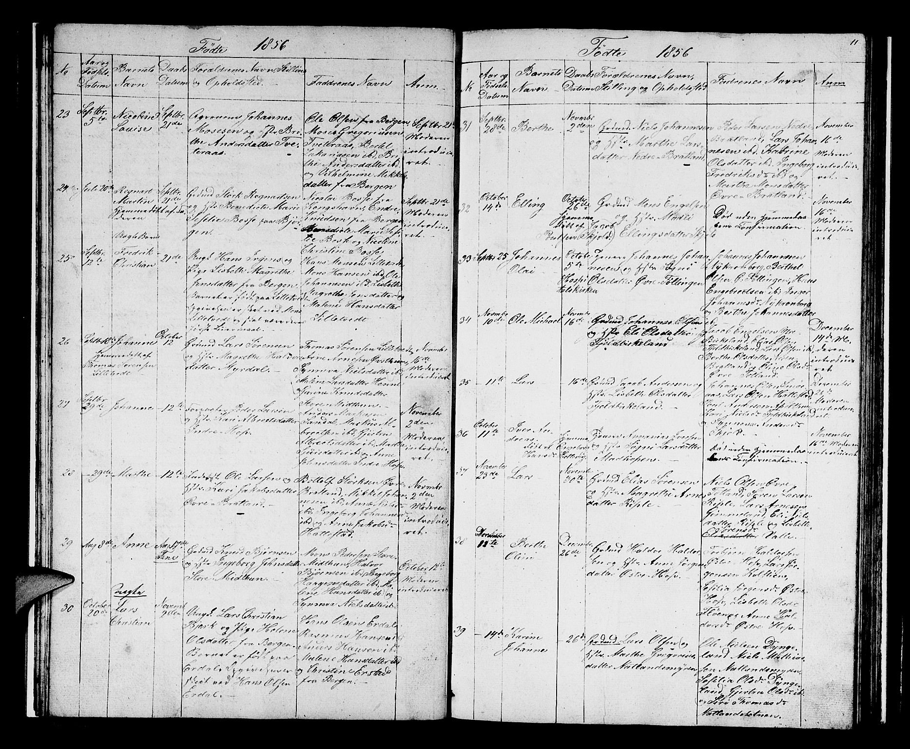 Birkeland Sokneprestembete, SAB/A-74601/H/Hab: Parish register (copy) no. A 1, 1853-1862, p. 11