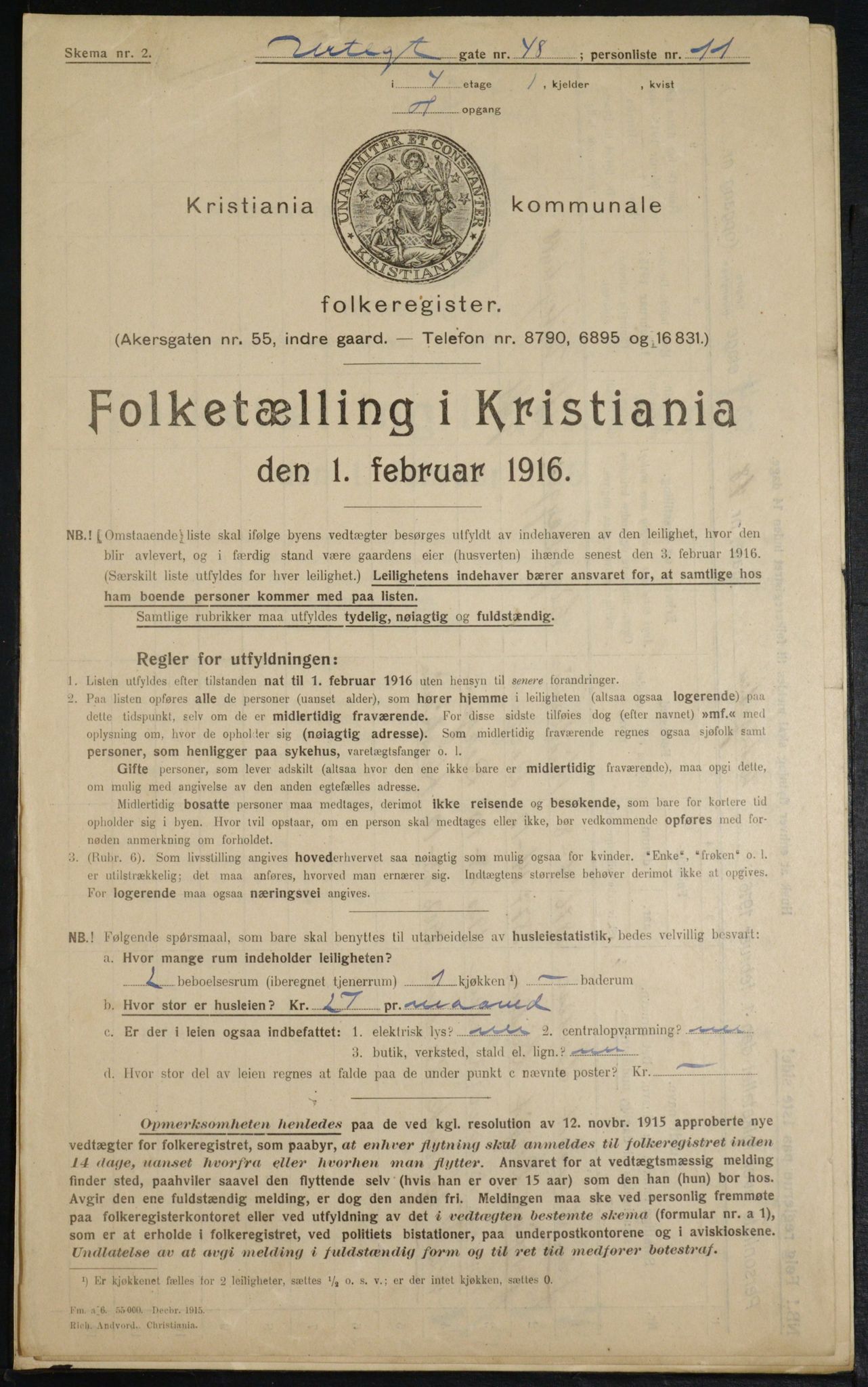 OBA, Municipal Census 1916 for Kristiania, 1916, p. 125045