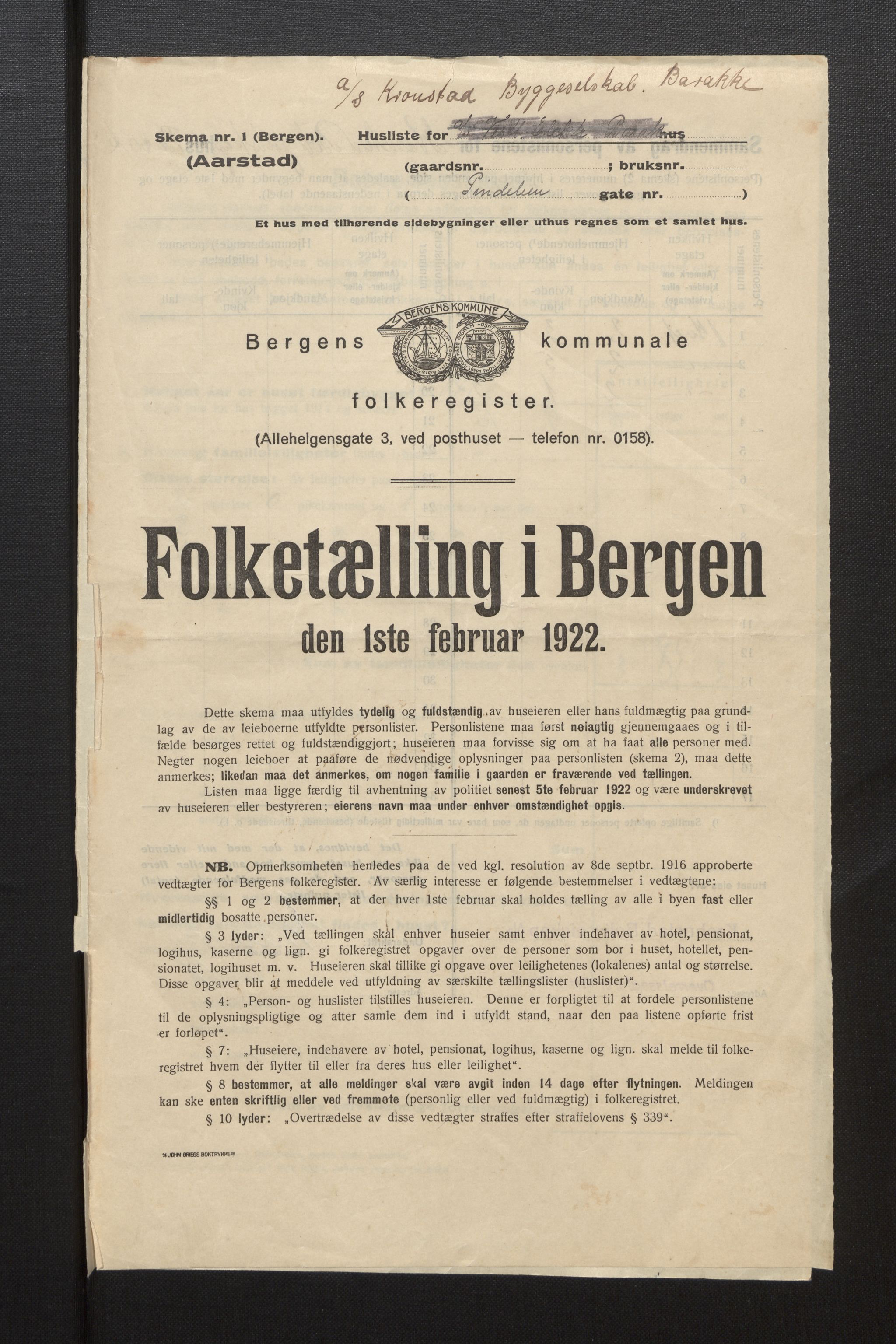 SAB, Municipal Census 1922 for Bergen, 1922, p. 56725