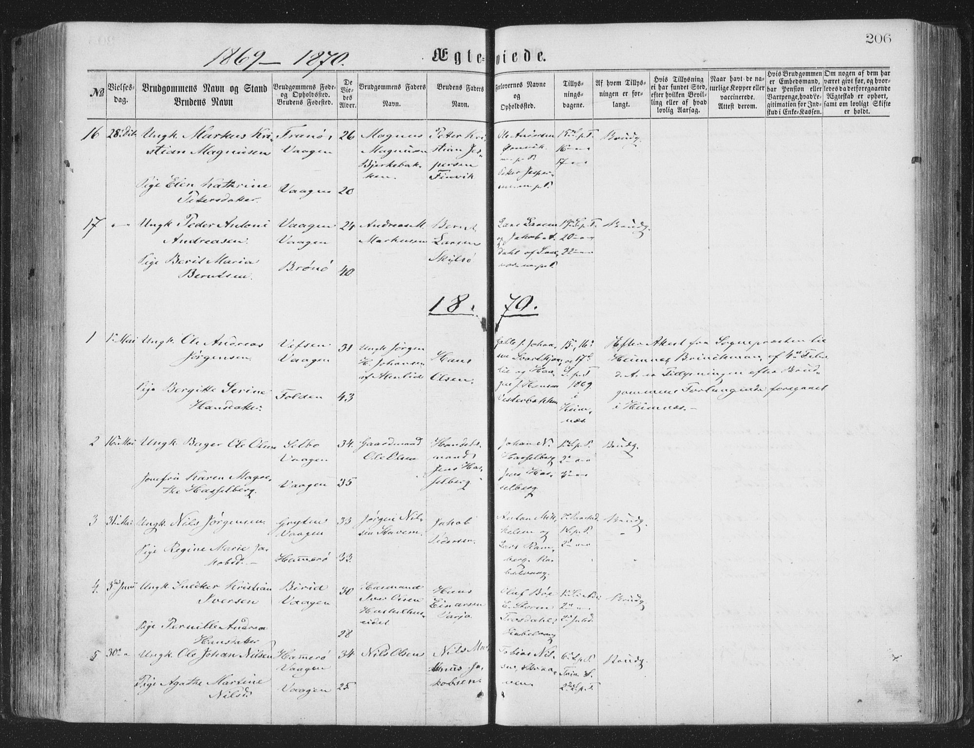 Ministerialprotokoller, klokkerbøker og fødselsregistre - Nordland, AV/SAT-A-1459/874/L1057: Parish register (official) no. 874A01, 1866-1877, p. 206