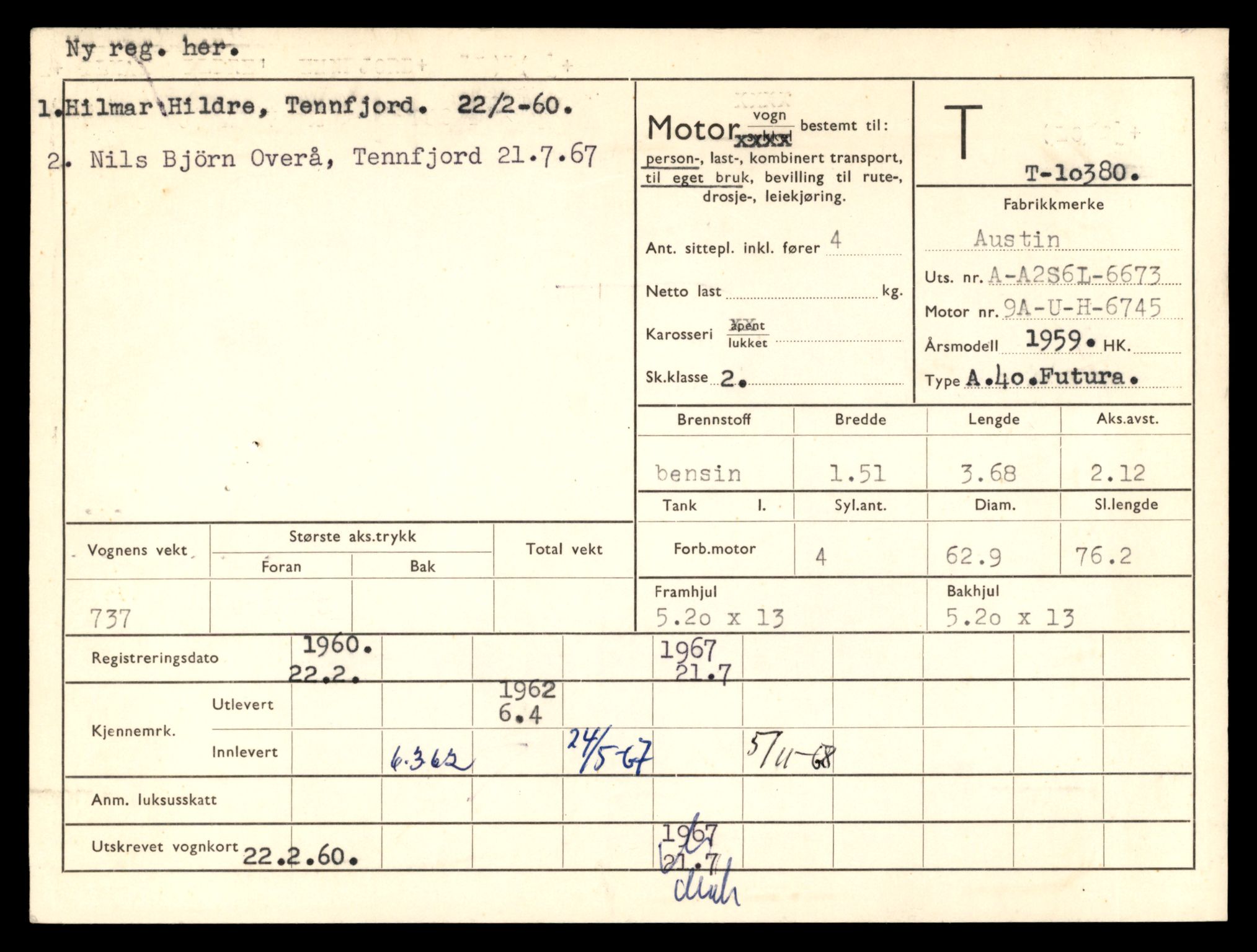 Møre og Romsdal vegkontor - Ålesund trafikkstasjon, AV/SAT-A-4099/F/Fe/L0020: Registreringskort for kjøretøy T 10351 - T 10470, 1927-1998, p. 857