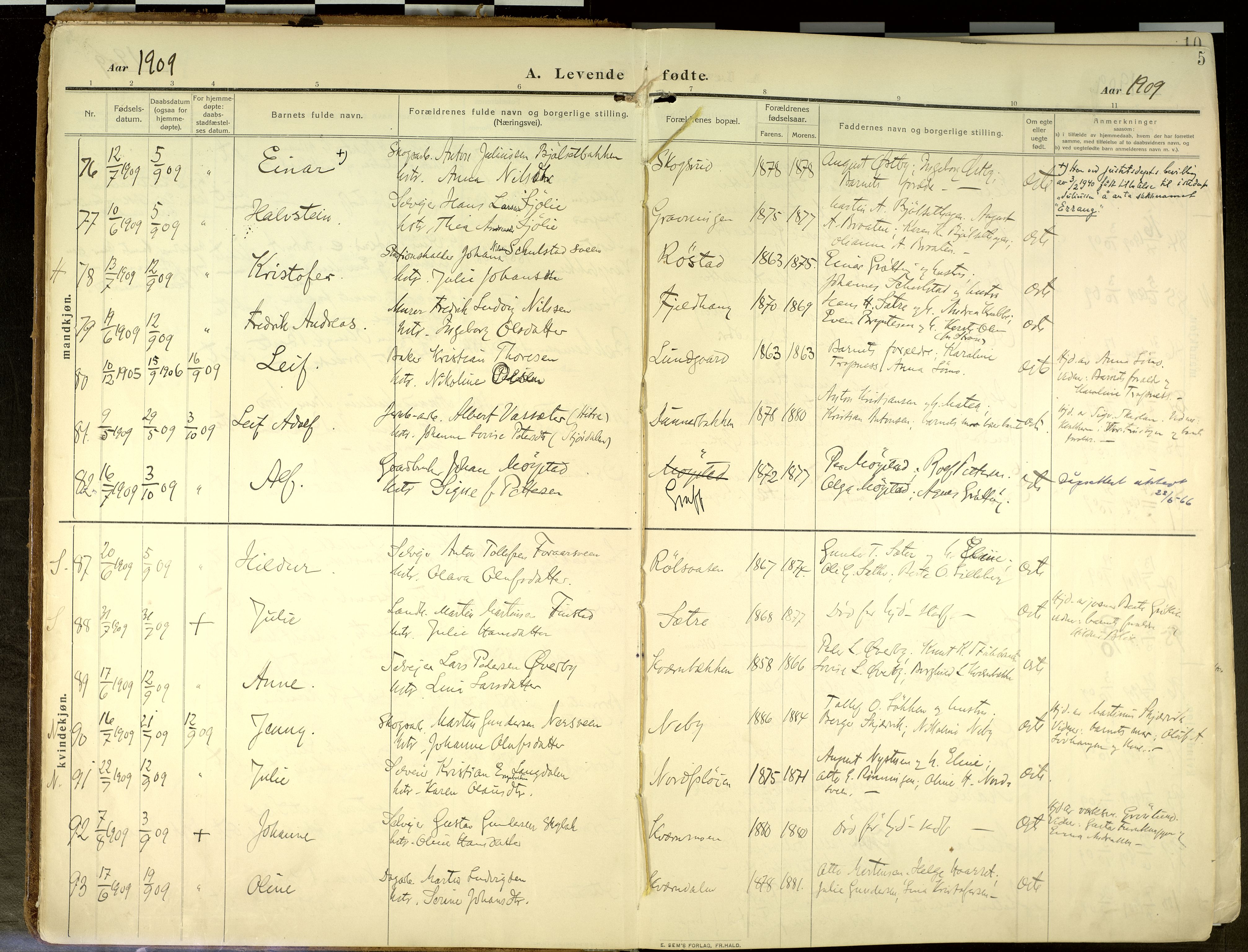 Elverum prestekontor, SAH/PREST-044/H/Ha/Haa/L0020: Parish register (official) no. 20, 1909-1921, p. 5