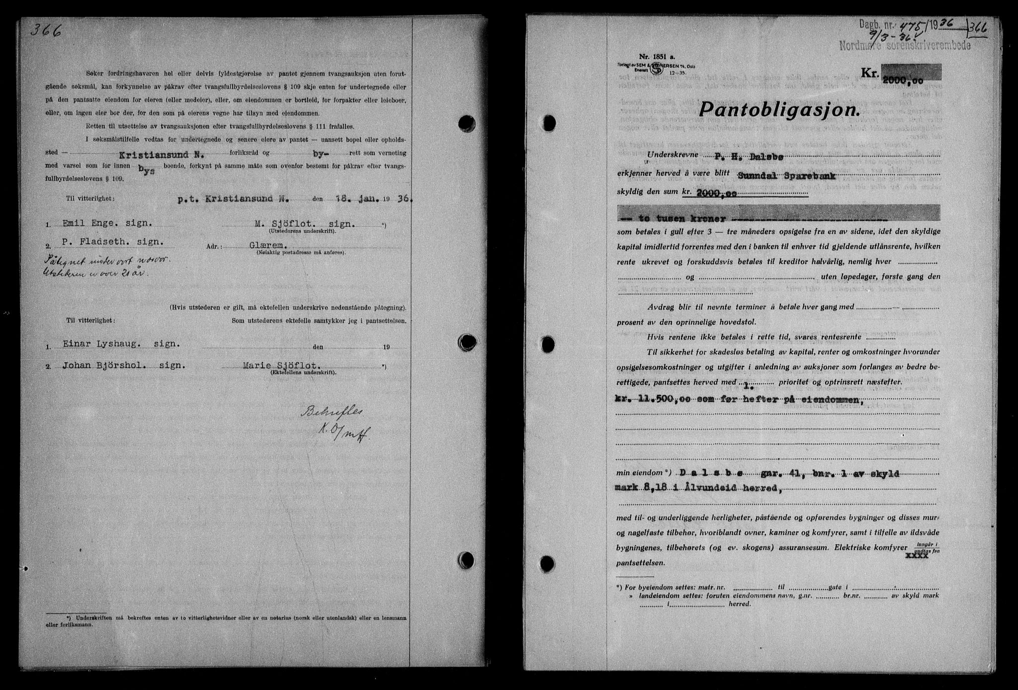 Nordmøre sorenskriveri, AV/SAT-A-4132/1/2/2Ca/L0087: Mortgage book no. 77, 1935-1936, Deed date: 09.03.1936