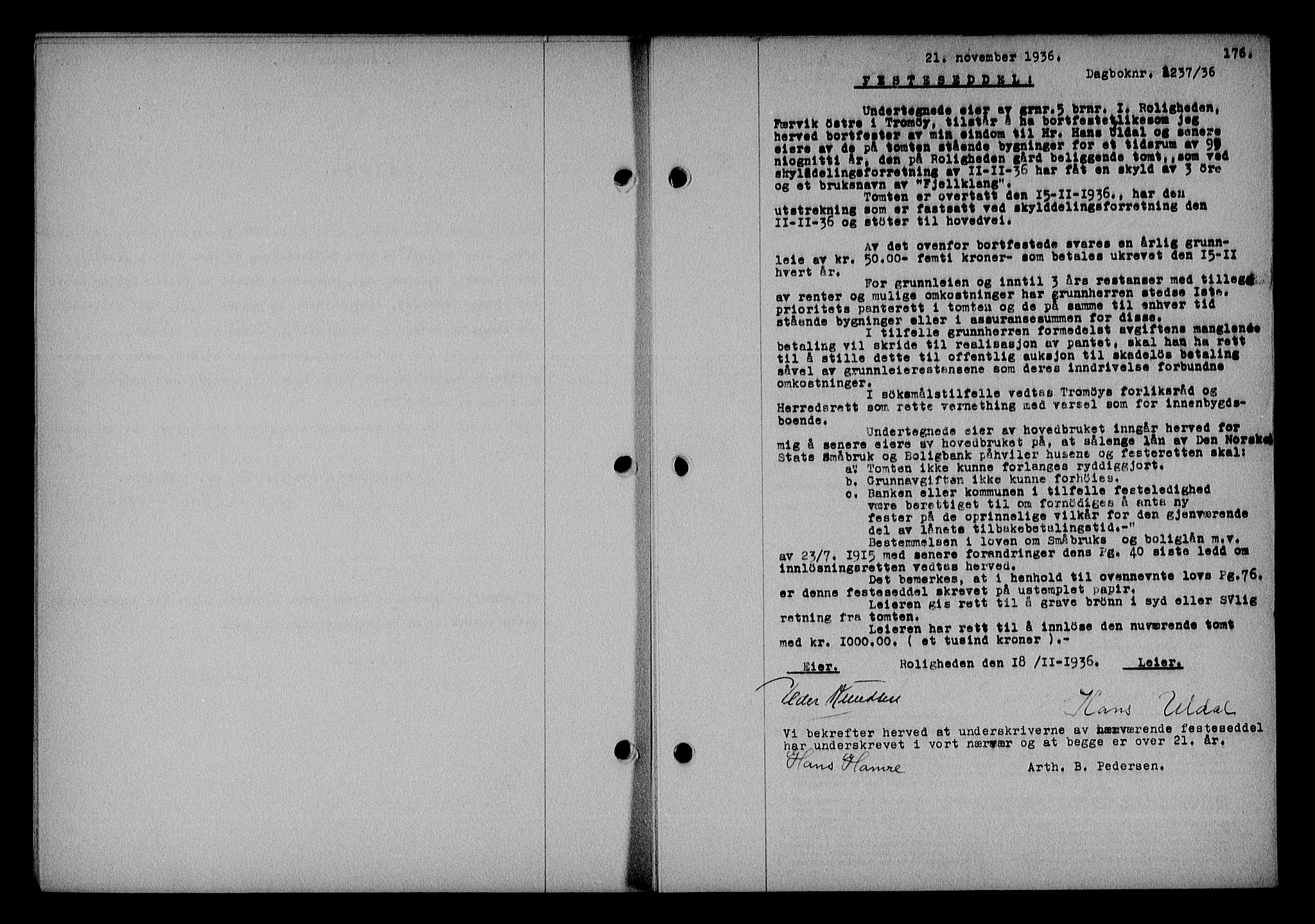 Nedenes sorenskriveri, SAK/1221-0006/G/Gb/Gba/L0043: Mortgage book no. 39, 1936-1937, Diary no: : 1237/1936