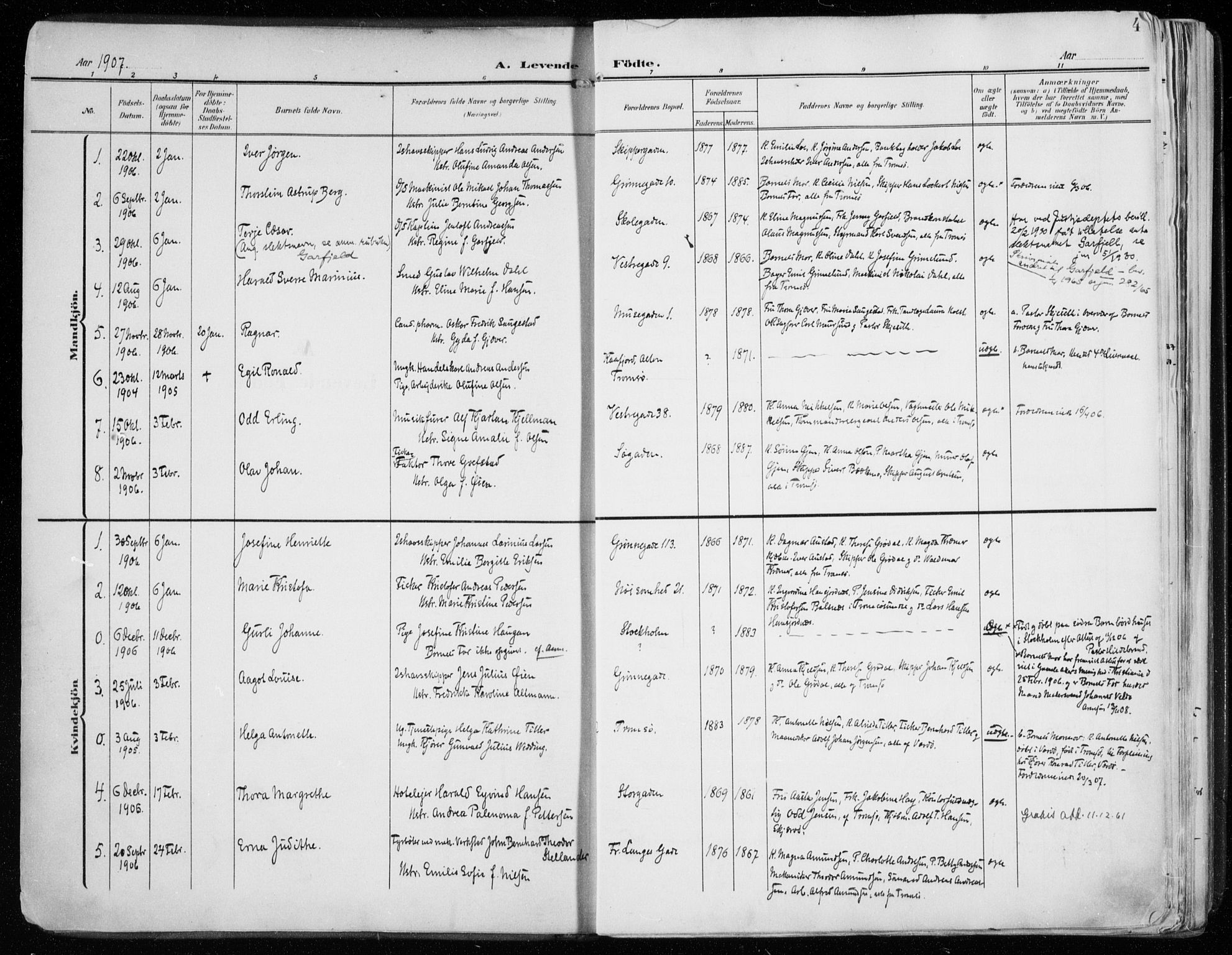 Tromsø sokneprestkontor/stiftsprosti/domprosti, SATØ/S-1343/G/Ga/L0017kirke: Parish register (official) no. 17, 1907-1917, p. 4