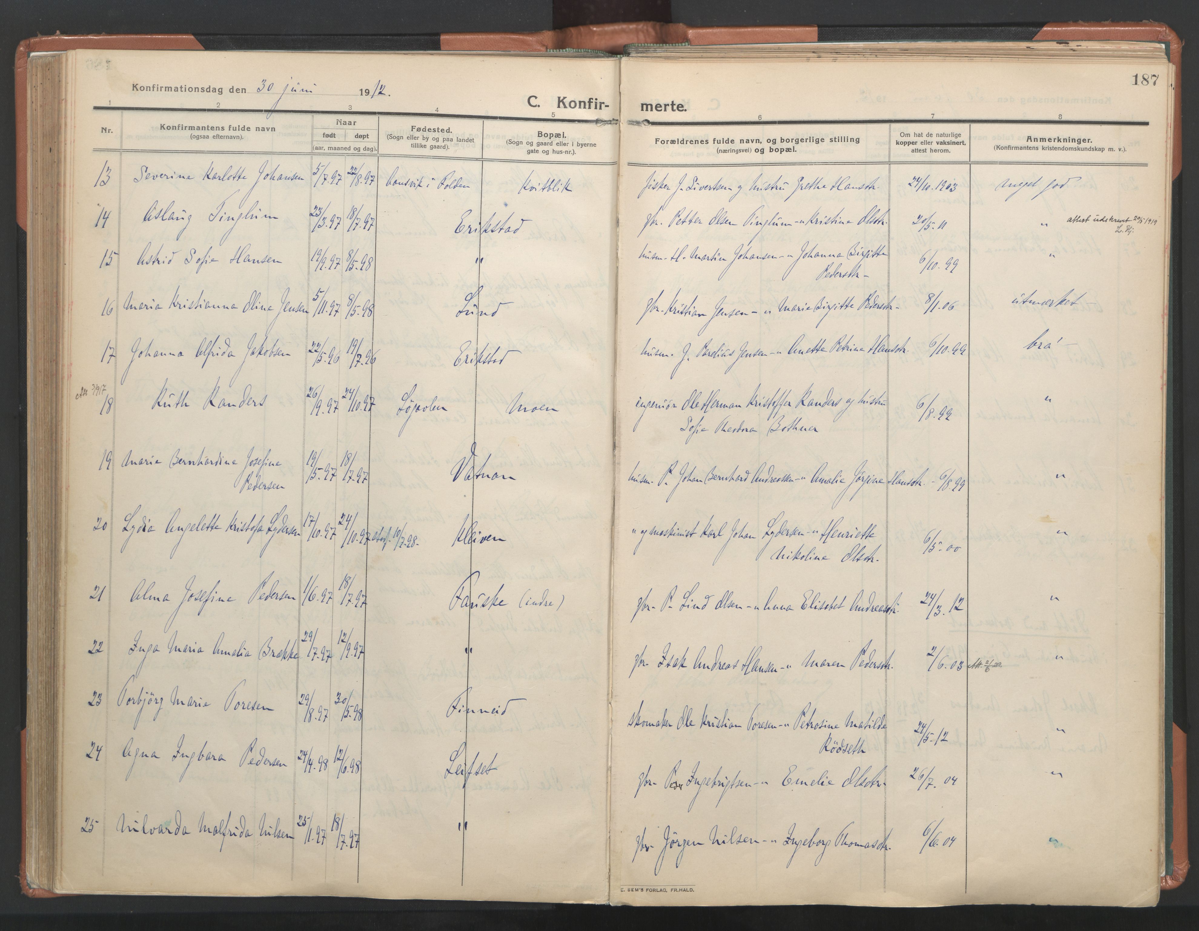 Ministerialprotokoller, klokkerbøker og fødselsregistre - Nordland, SAT/A-1459/849/L0698: Parish register (official) no. 849A09, 1911-1924, p. 187