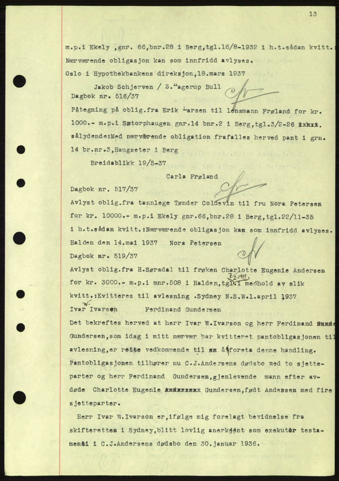 Idd og Marker sorenskriveri, AV/SAO-A-10283/G/Gb/Gbc/L0001: Mortgage book no. B1-3, 1936-1939, Diary no: : 516/1937