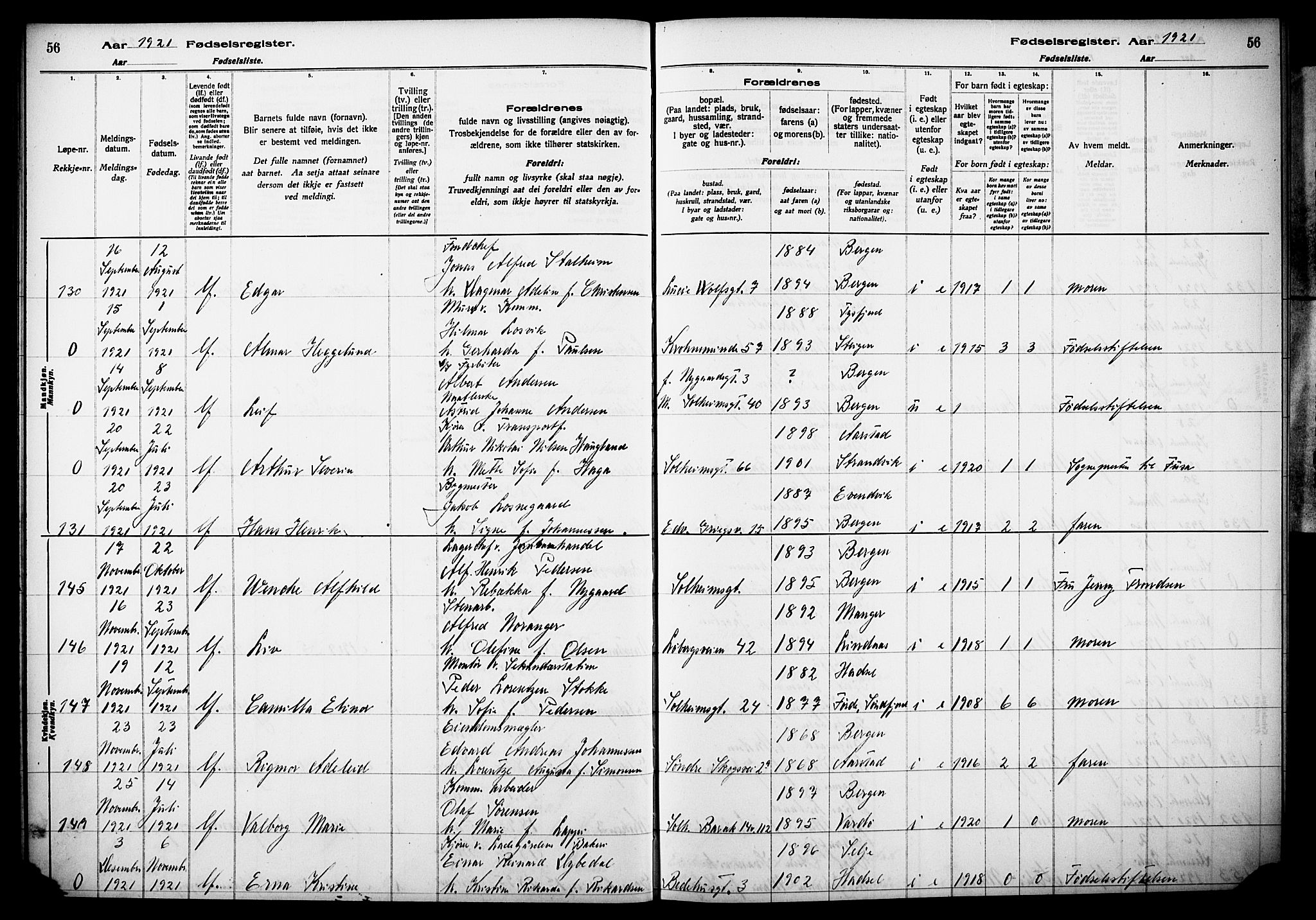 Årstad Sokneprestembete, AV/SAB-A-79301/I/Id/L0A02: Birth register no. A 2, 1920-1924, p. 56