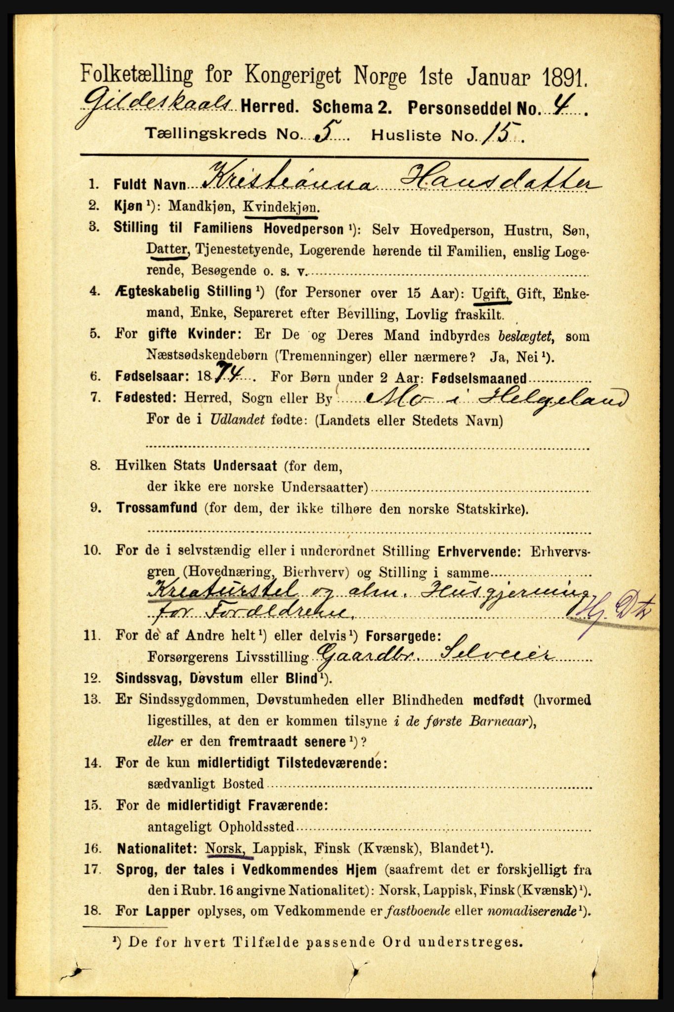 RA, 1891 census for 1838 Gildeskål, 1891, p. 1662