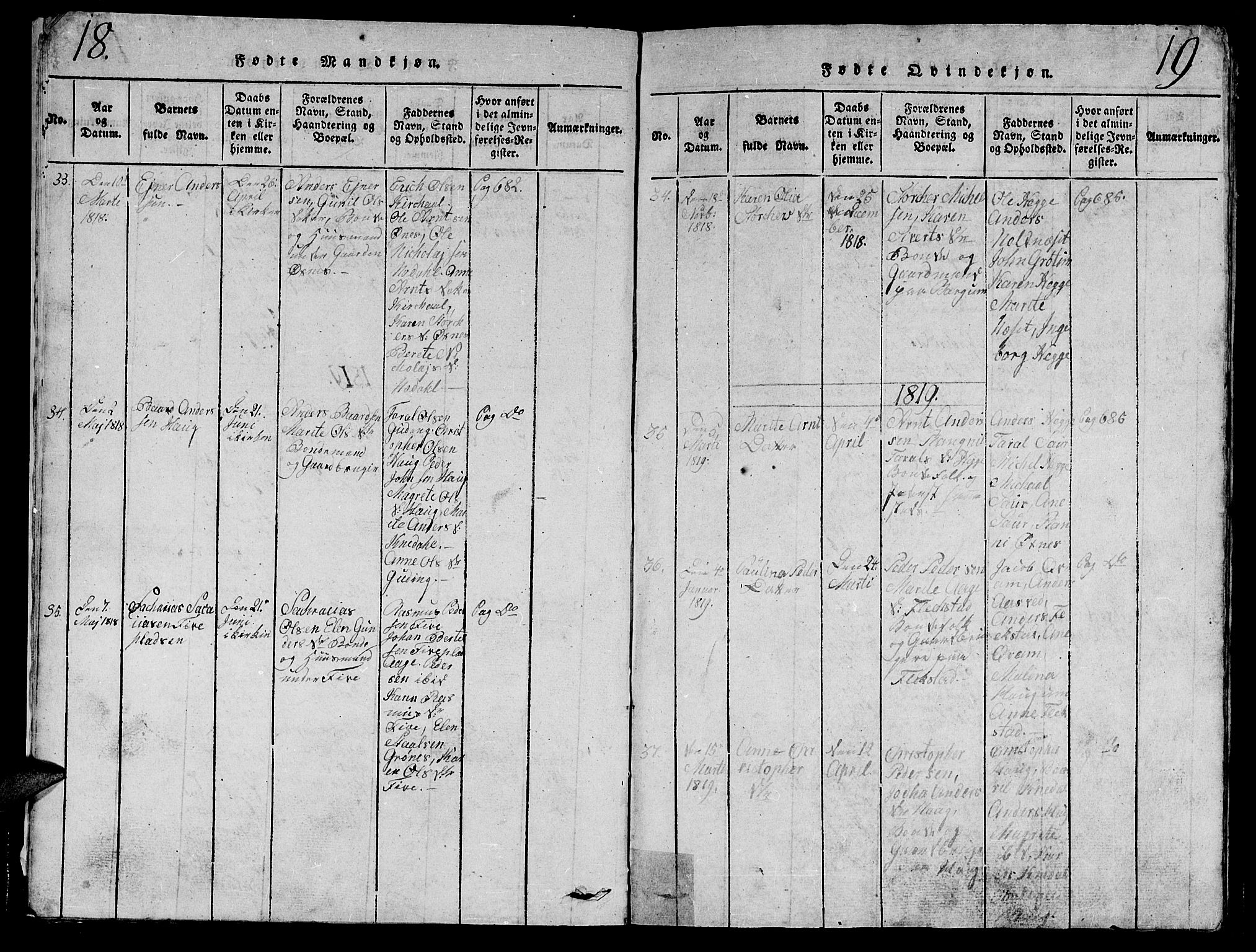 Ministerialprotokoller, klokkerbøker og fødselsregistre - Nord-Trøndelag, SAT/A-1458/747/L0459: Parish register (copy) no. 747C01, 1816-1842, p. 18-19