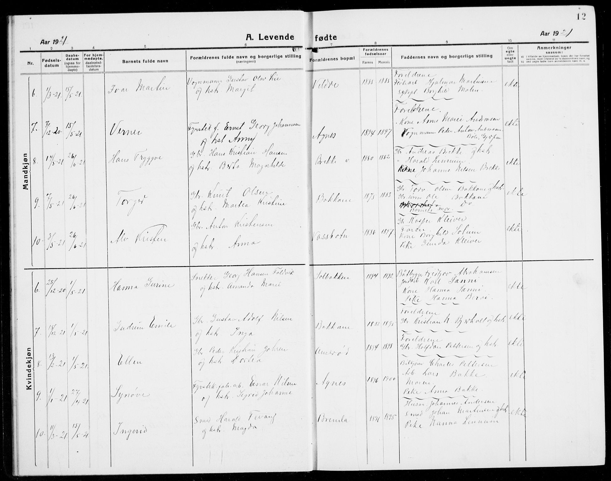 Brunlanes kirkebøker, SAKO/A-342/G/Ga/L0005: Parish register (copy) no. I 5, 1918-1941, p. 12