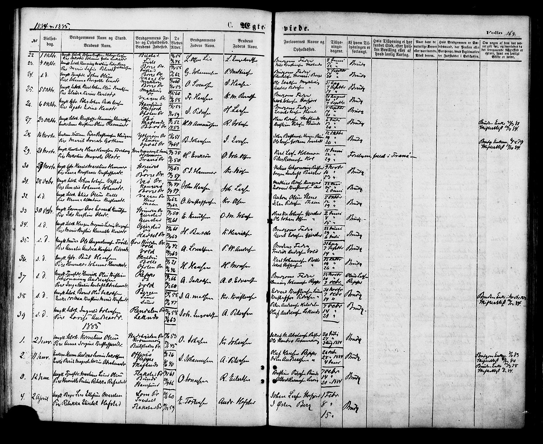 Ministerialprotokoller, klokkerbøker og fødselsregistre - Nordland, AV/SAT-A-1459/881/L1166: Parish register (copy) no. 881C03, 1876-1885, p. 164