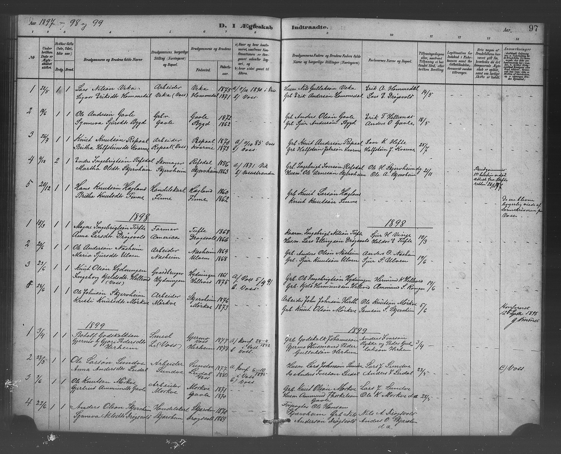 Vossestrand Sokneprestembete, SAB/A-79101/H/Hab: Parish register (copy) no. B 3, 1880-1907, p. 97