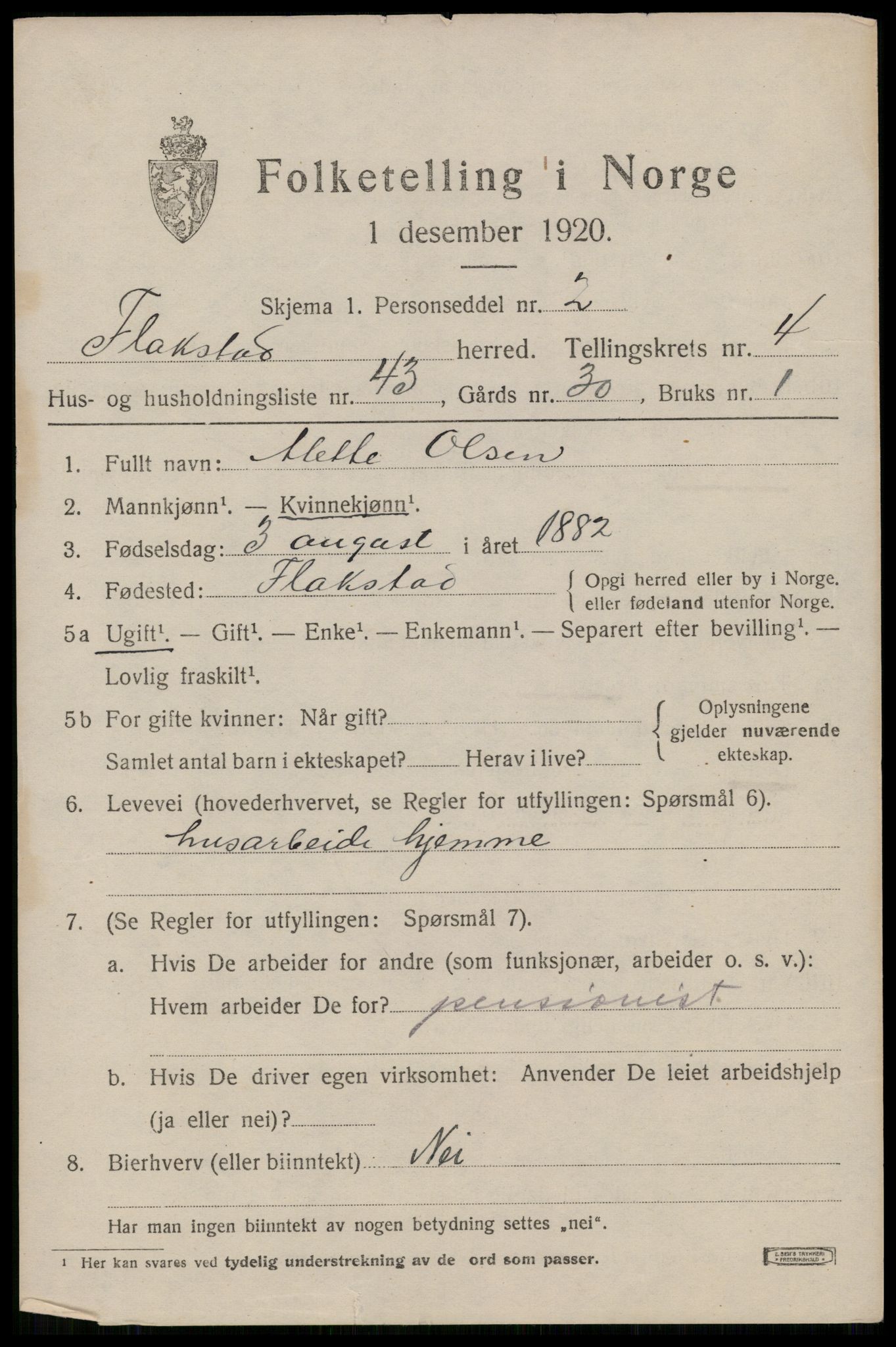 SAT, 1920 census for Flakstad, 1920, p. 3409