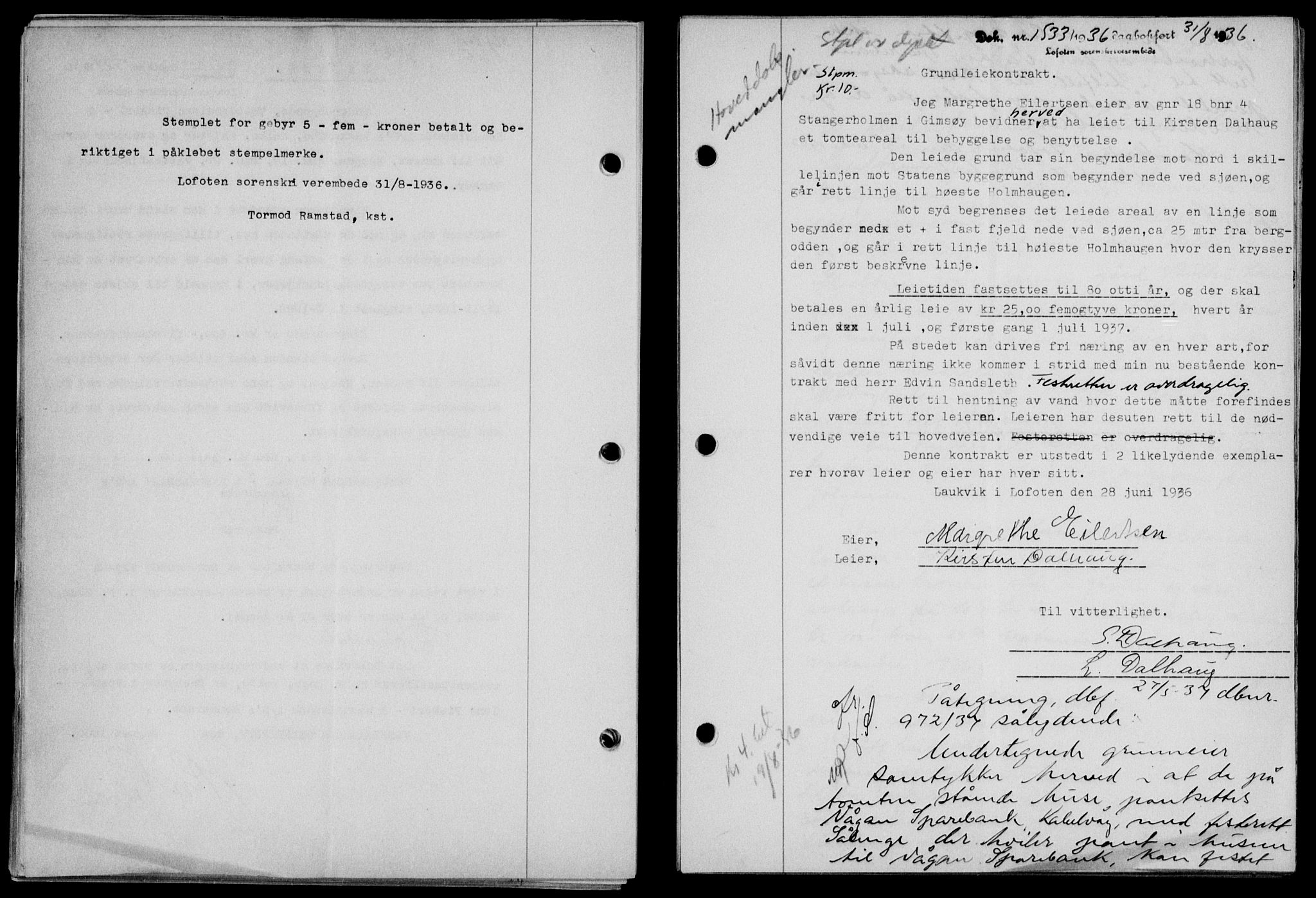 Lofoten sorenskriveri, SAT/A-0017/1/2/2C/L0001a: Mortgage book no. 1a, 1936-1937, Diary no: : 1533/1936