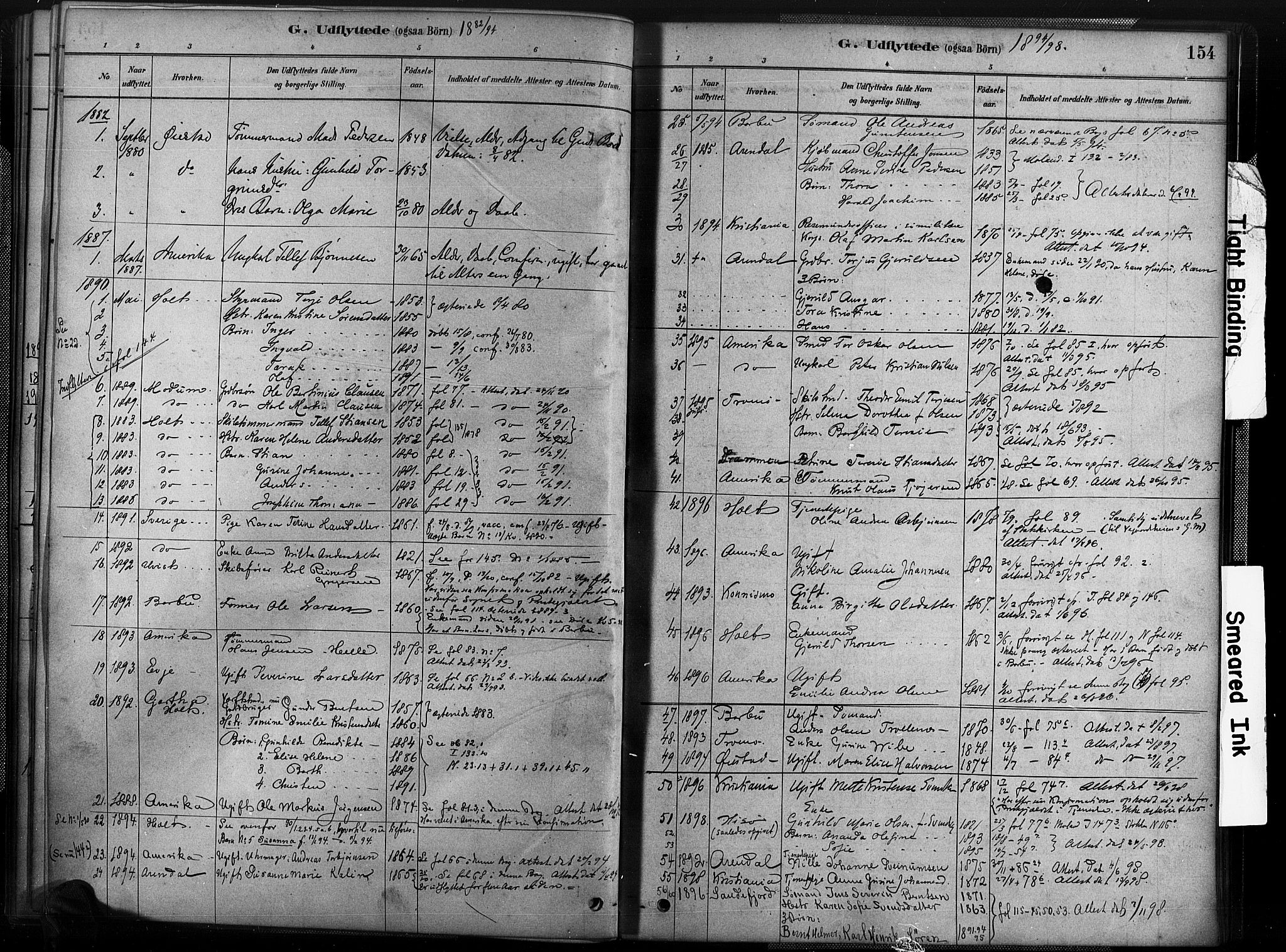 Austre Moland sokneprestkontor, SAK/1111-0001/F/Fa/Fab/L0001: Parish register (official) no. A 1, 1878-1898, p. 154