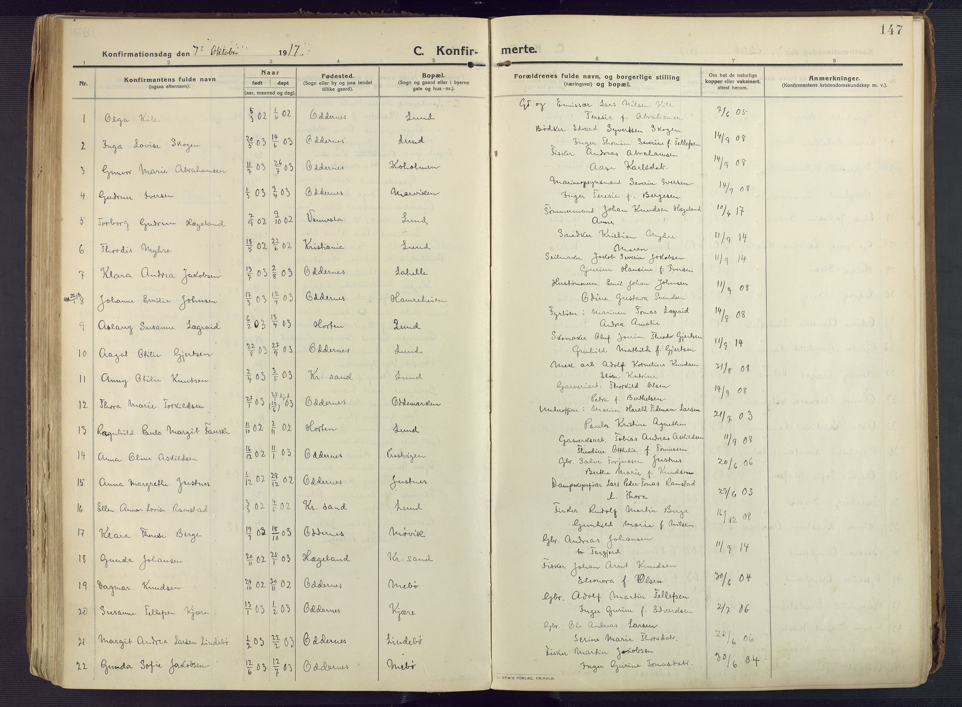 Oddernes sokneprestkontor, AV/SAK-1111-0033/F/Fa/Faa/L0012: Parish register (official) no. A 12, 1912-1925, p. 147