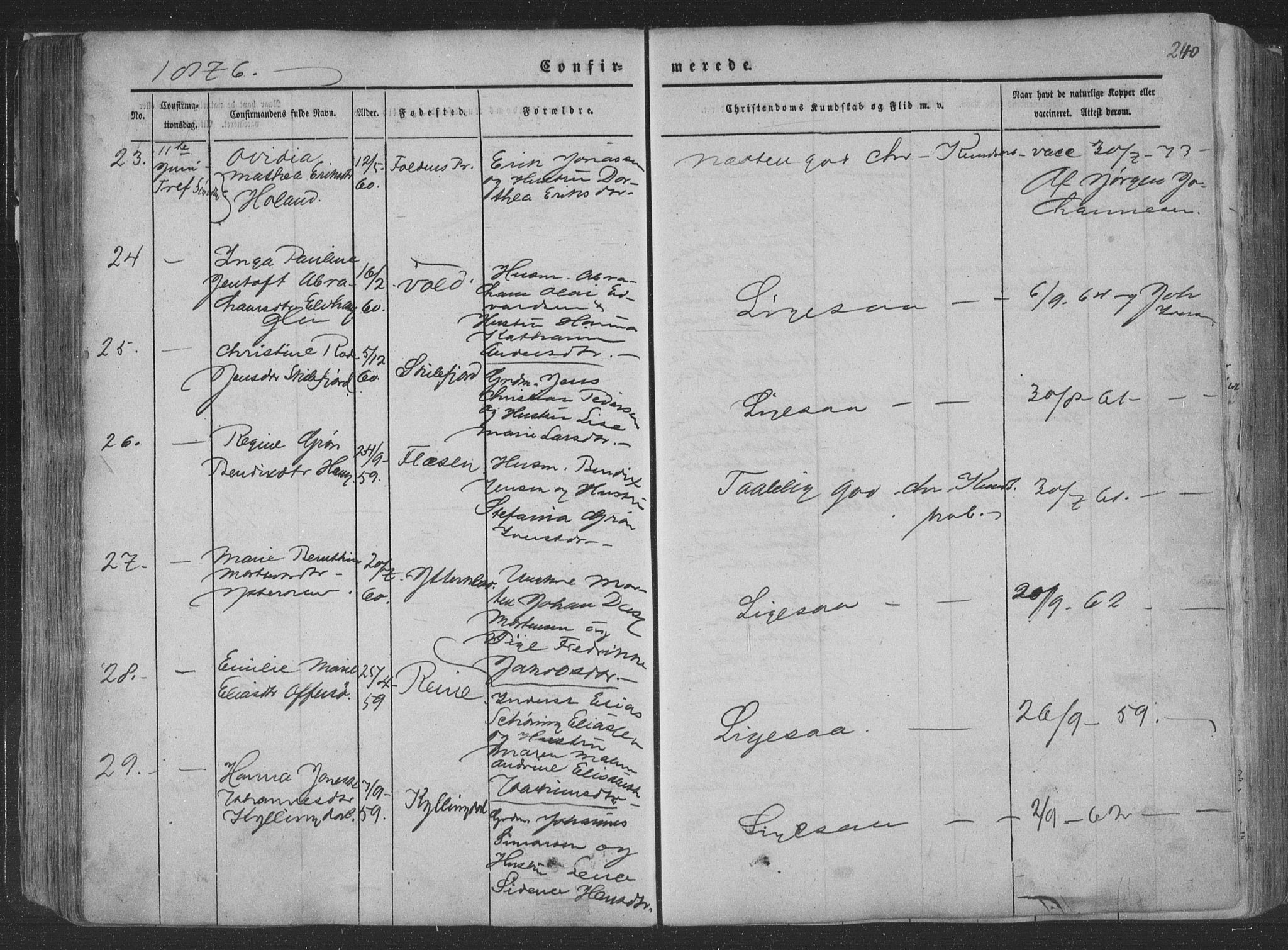 Ministerialprotokoller, klokkerbøker og fødselsregistre - Nordland, AV/SAT-A-1459/881/L1165: Parish register (copy) no. 881C02, 1854-1876, p. 240