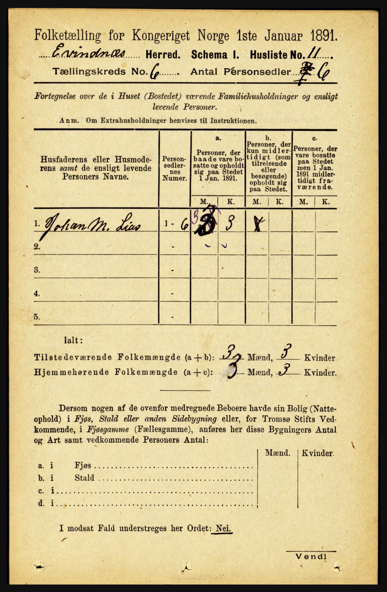 RA, 1891 census for 1853 Evenes, 1891, p. 1895