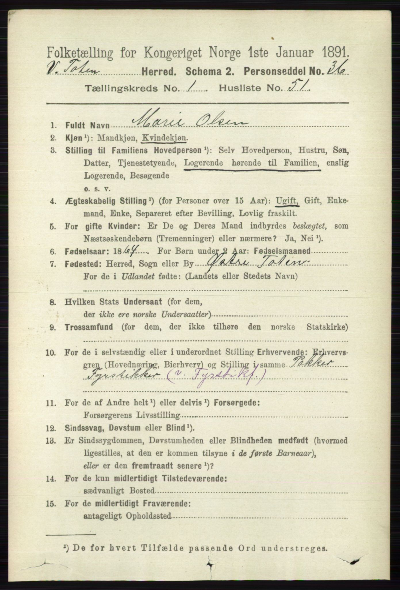 RA, 1891 census for 0529 Vestre Toten, 1891, p. 574