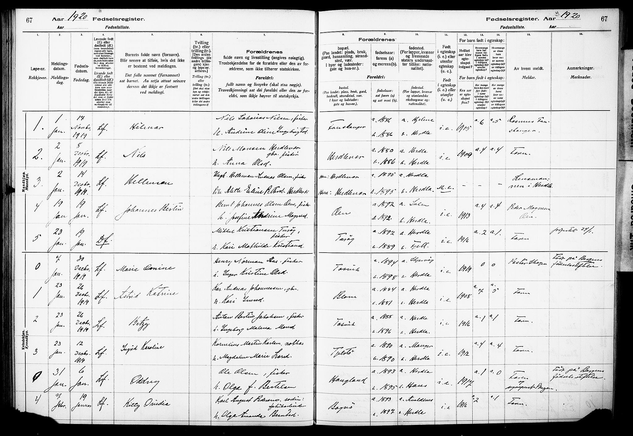 Herdla Sokneprestembete, SAB/A-75701/I/Id/L00A1: Birth register no. A 1, 1916-1929, p. 67