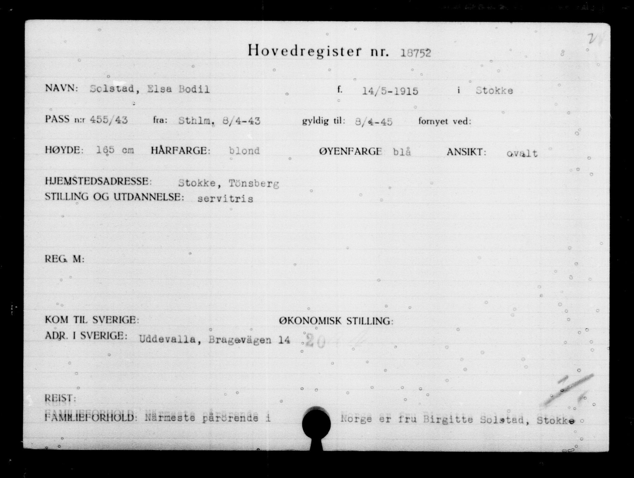 Utenriksstasjonene, Legasjonen i Stockholm, Flyktningkontoret, AV/RA-S-6753/V/Va/L0009: Kjesäterkartoteket, flyktninger med registreringsnr. 18502-22048, 1940-1945, p. 294