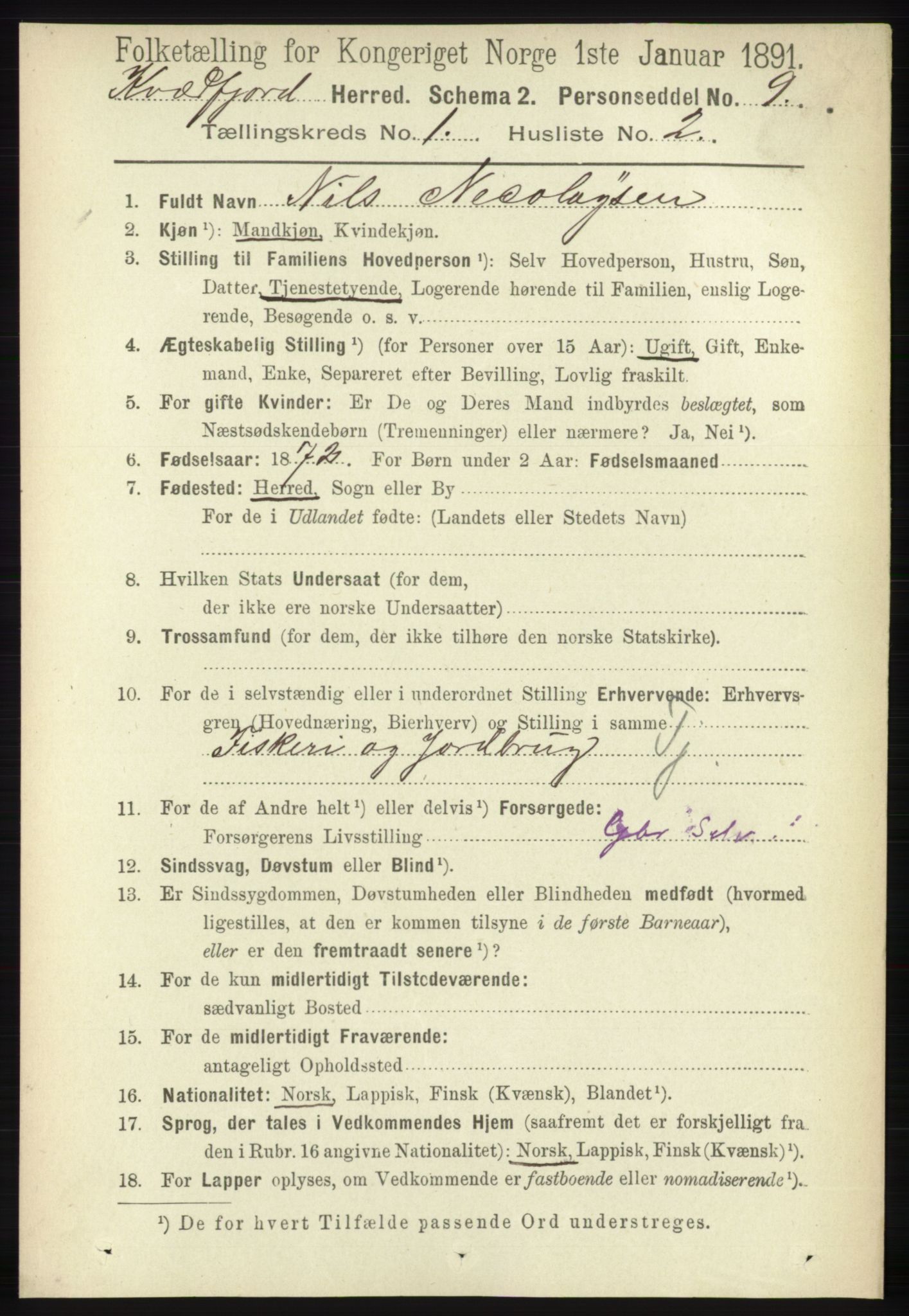 RA, 1891 census for 1911 Kvæfjord, 1891, p. 108