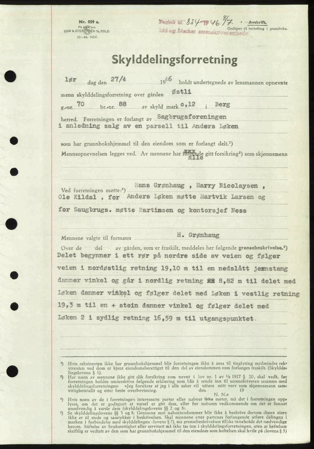 Idd og Marker sorenskriveri, AV/SAO-A-10283/G/Gb/Gbb/L0008: Mortgage book no. A8, 1946-1946, Diary no: : 854/1946