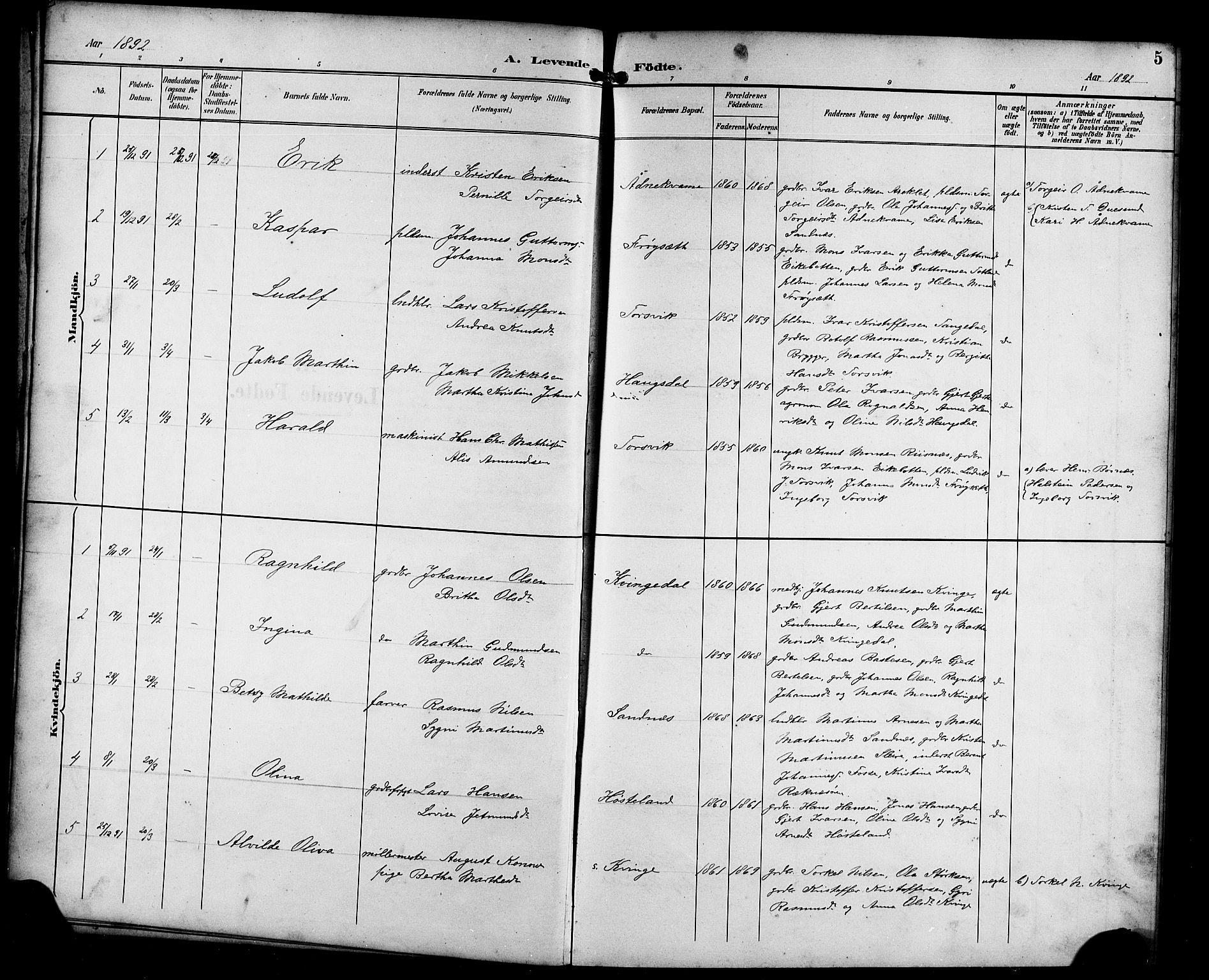 Masfjorden Sokneprestembete, SAB/A-77001: Parish register (copy) no. B 1, 1892-1913, p. 5