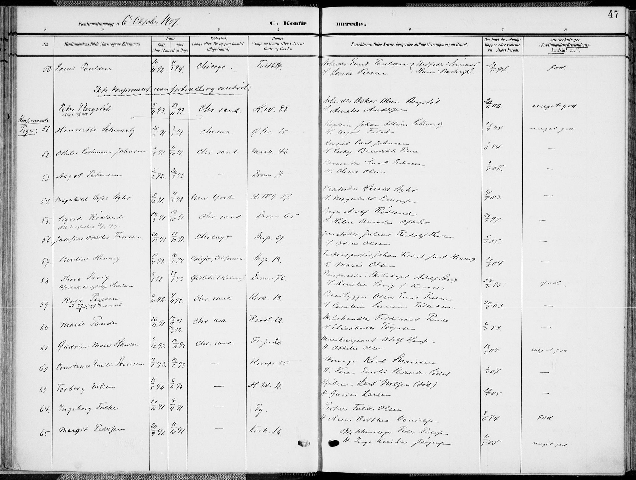 Kristiansand domprosti, AV/SAK-1112-0006/F/Fa/L0022: Parish register (official) no. A 21, 1905-1916, p. 47