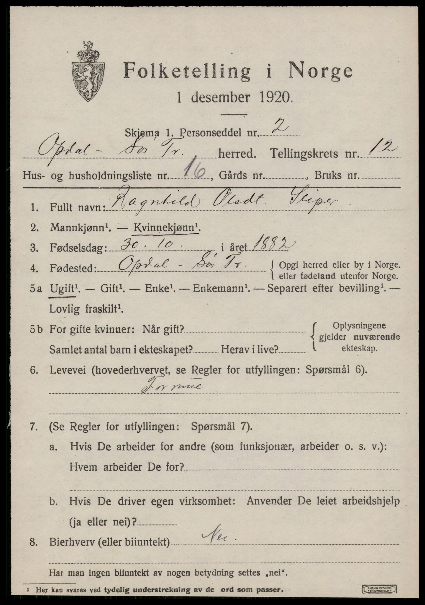 SAT, 1920 census for Oppdal, 1920, p. 10353