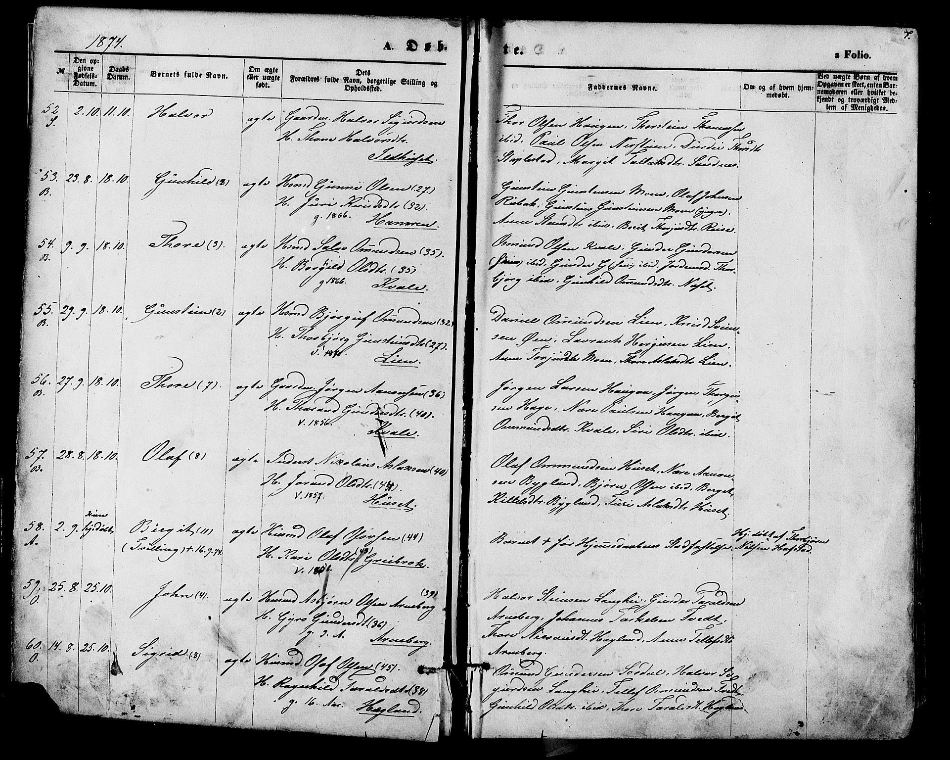 Bygland sokneprestkontor, SAK/1111-0006/F/Fa/Fab/L0006: Parish register (official) no. A 6, 1873-1884, p. 7