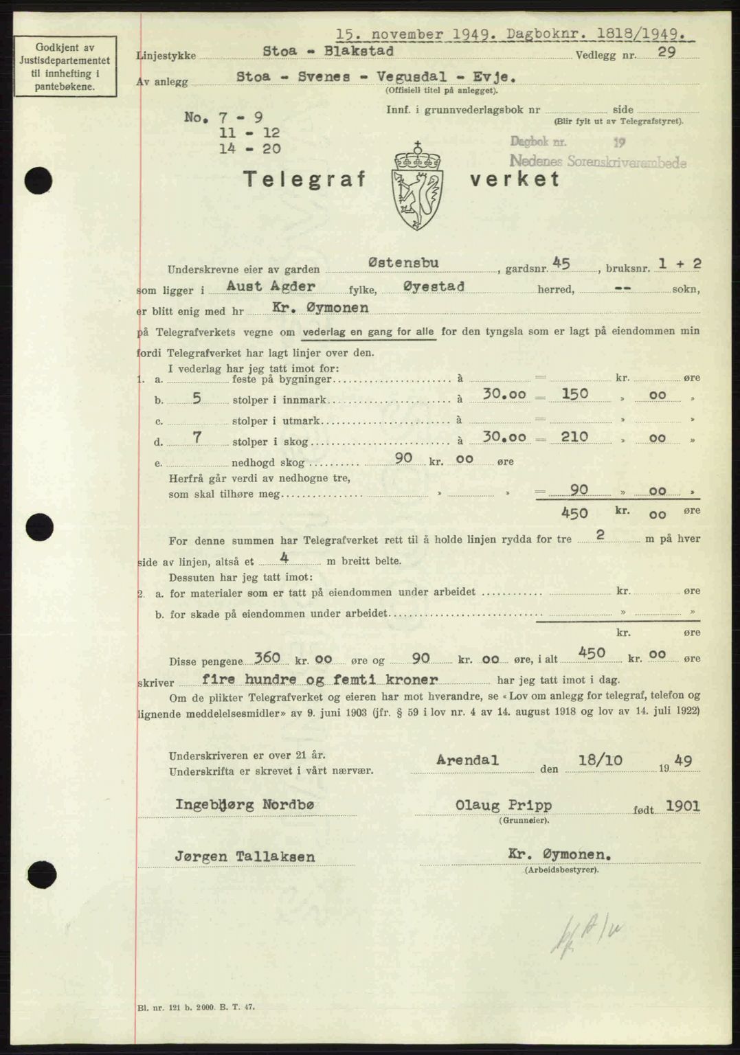 Nedenes sorenskriveri, SAK/1221-0006/G/Gb/Gba/L0061: Mortgage book no. A13, 1949-1949, Diary no: : 1818/1949