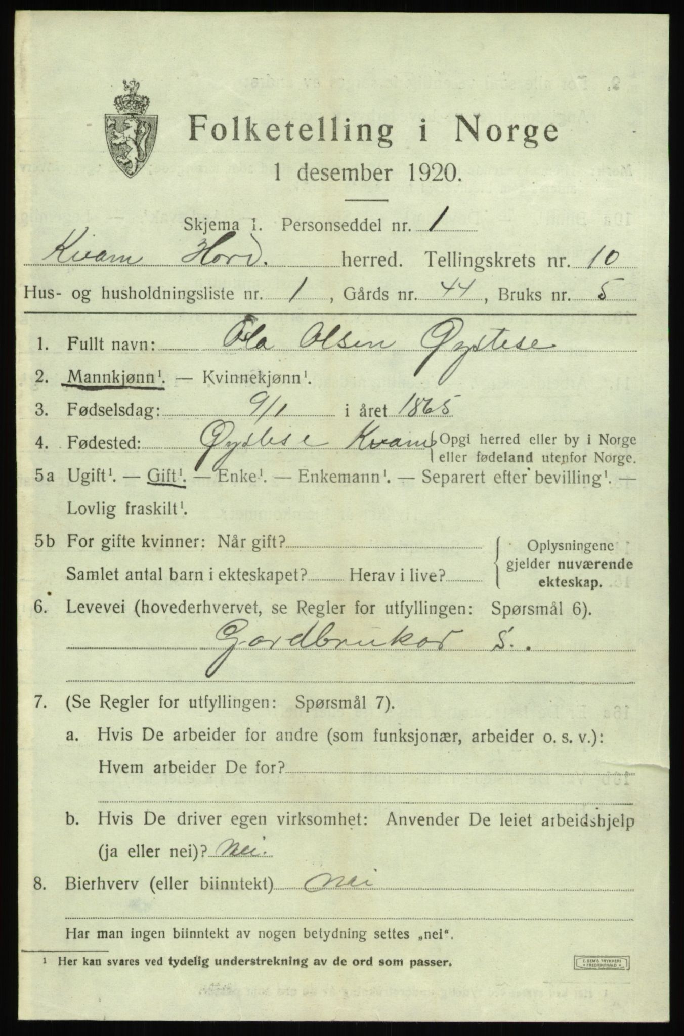 SAB, 1920 census for Kvam, 1920, p. 6321