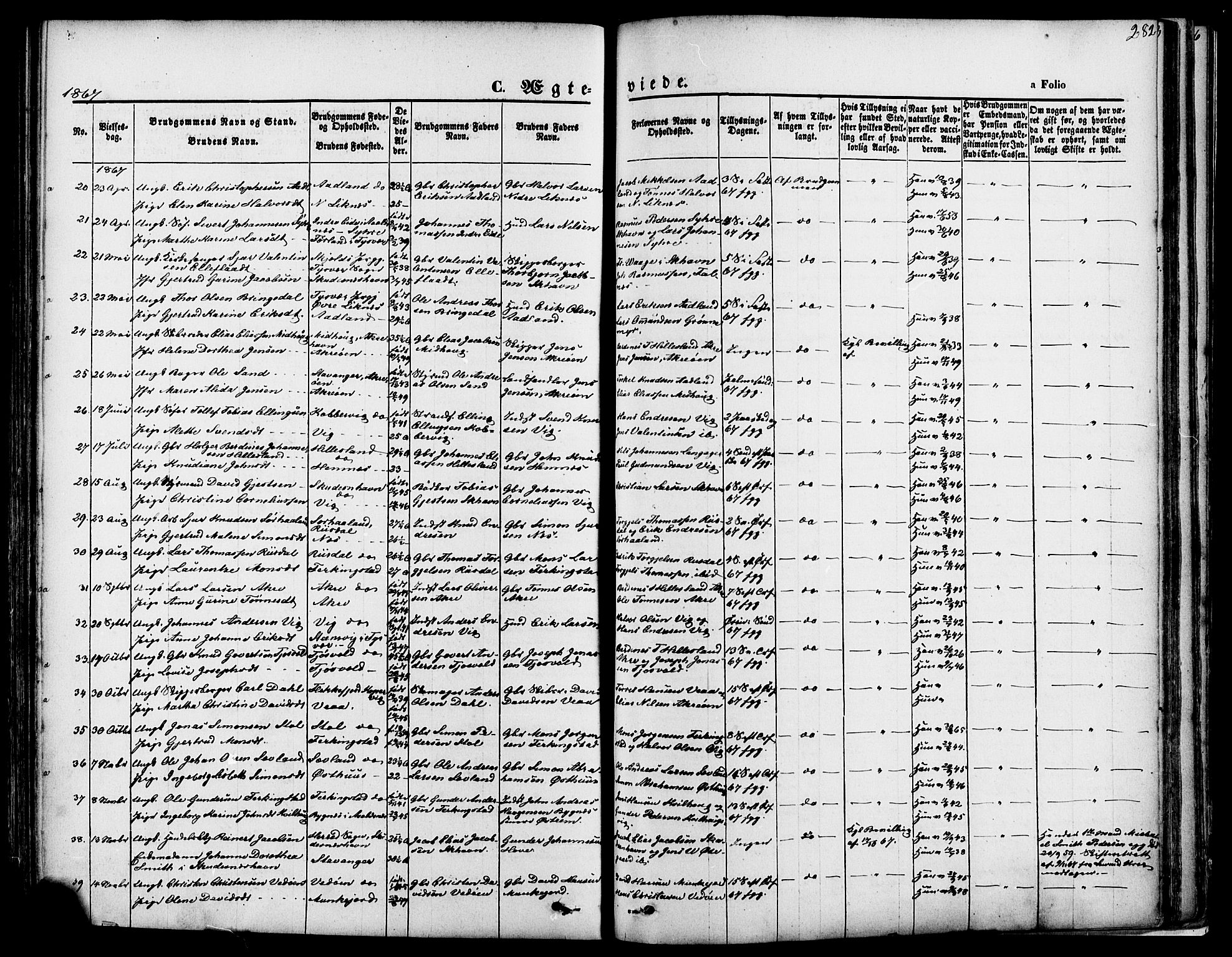 Skudenes sokneprestkontor, SAST/A -101849/H/Ha/Haa/L0006: Parish register (official) no. A 4, 1864-1881, p. 282