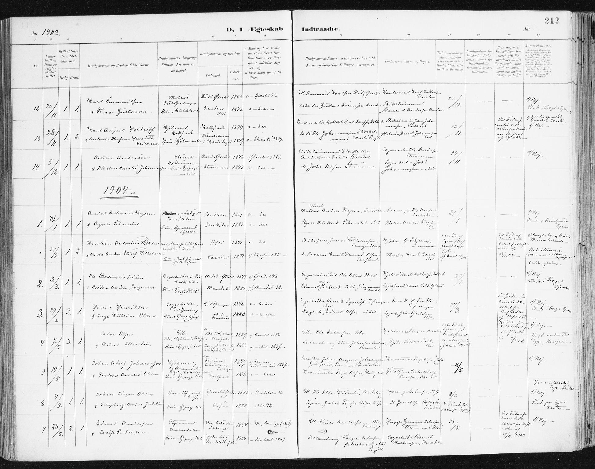 Hisøy sokneprestkontor, SAK/1111-0020/F/Fa/L0004: Parish register (official) no. A 4, 1895-1917, p. 212