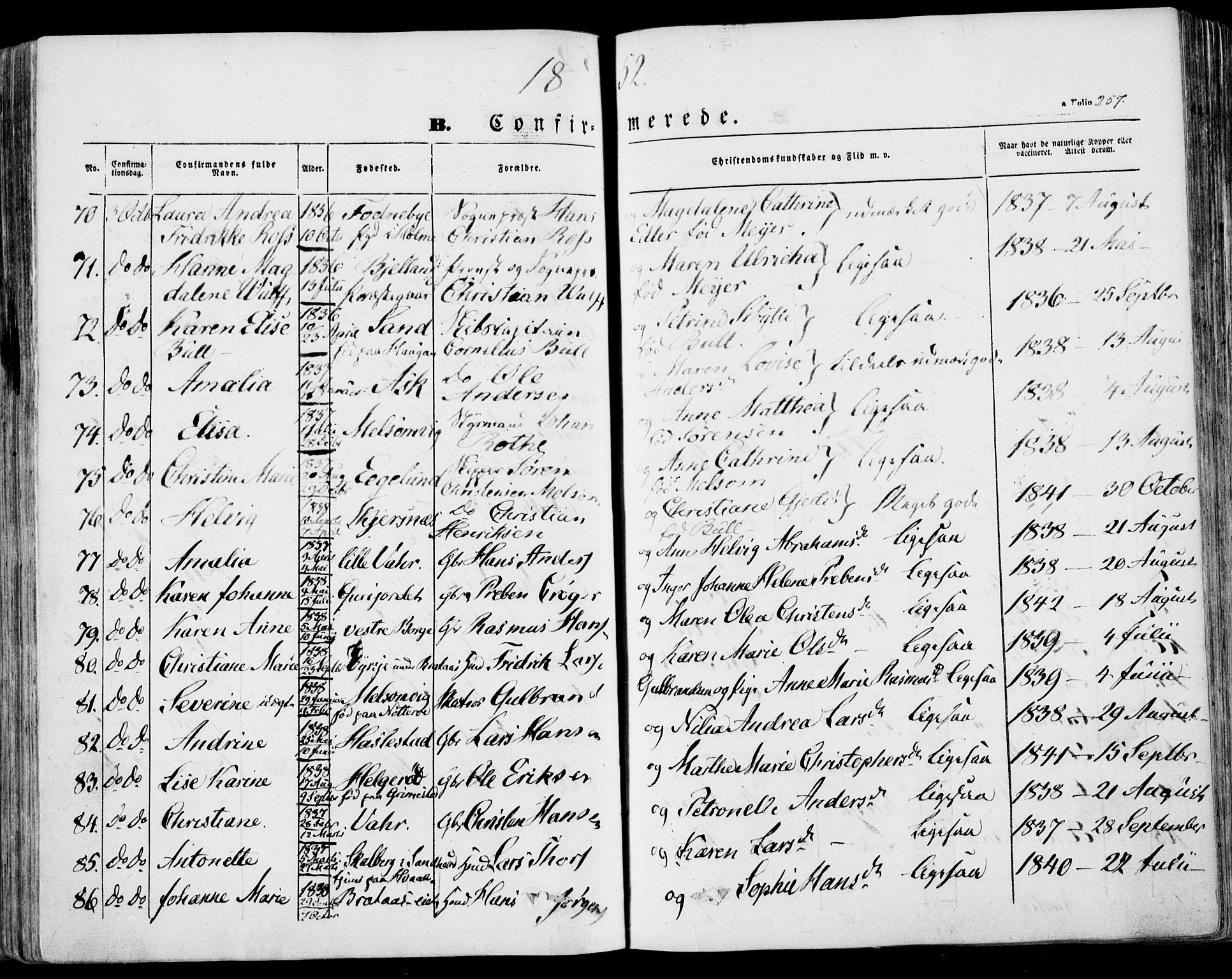 Stokke kirkebøker, AV/SAKO-A-320/F/Fa/L0007: Parish register (official) no. I 7, 1844-1857, p. 257