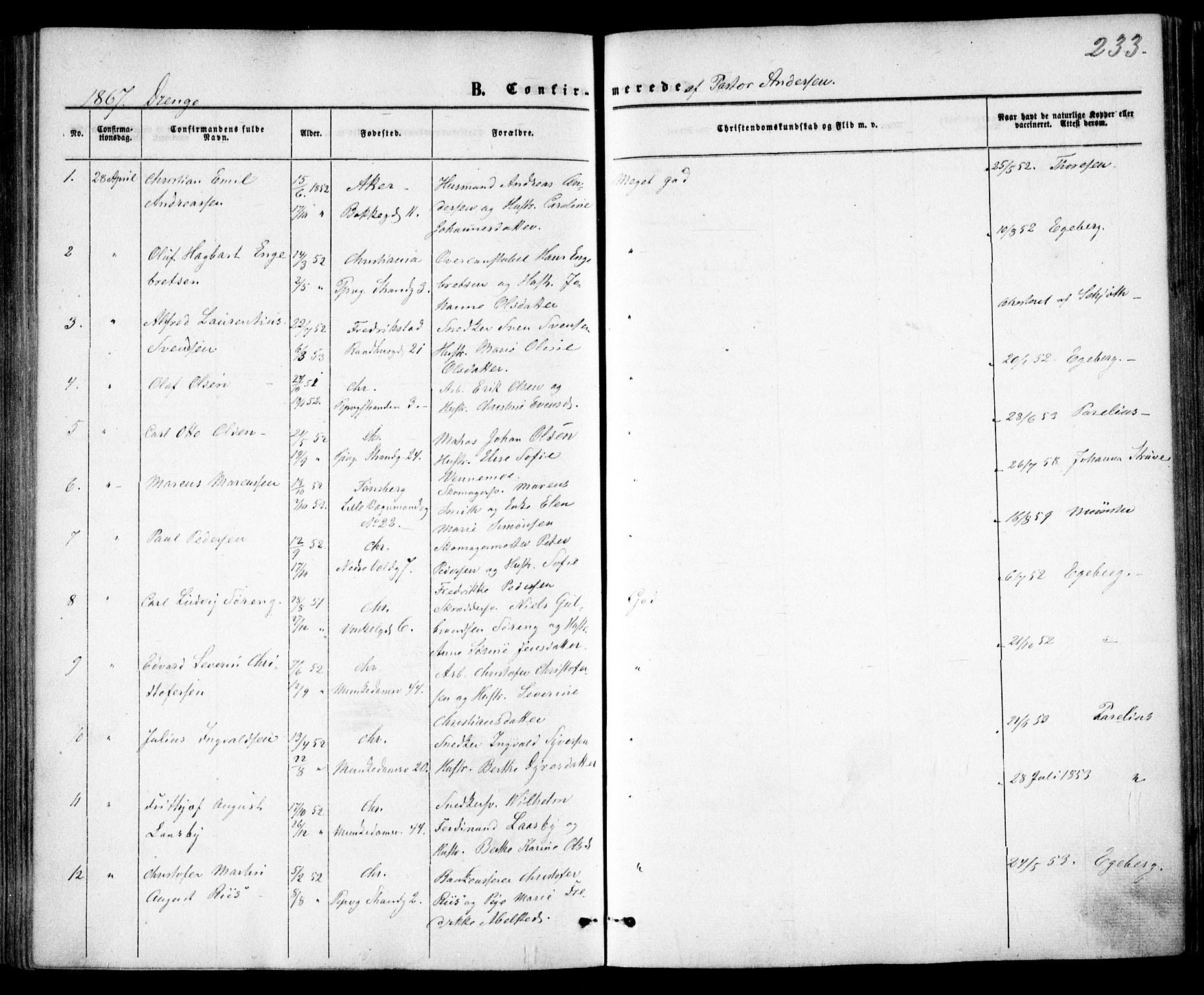 Trefoldighet prestekontor Kirkebøker, AV/SAO-A-10882/F/Fb/L0001: Parish register (official) no. II 1, 1858-1871, p. 233