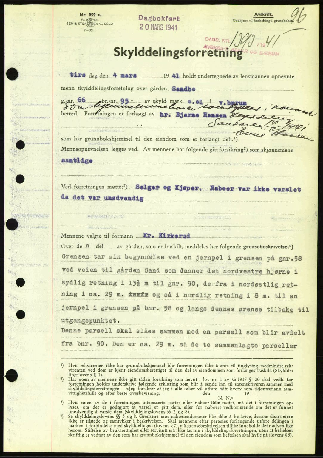 Aker herredsskriveri, AV/SAO-A-10896/G/Gb/Gbb/Gbbb/L0019: Mortgage book no. A65, 1941-1941, Diary no: : 1393/1941
