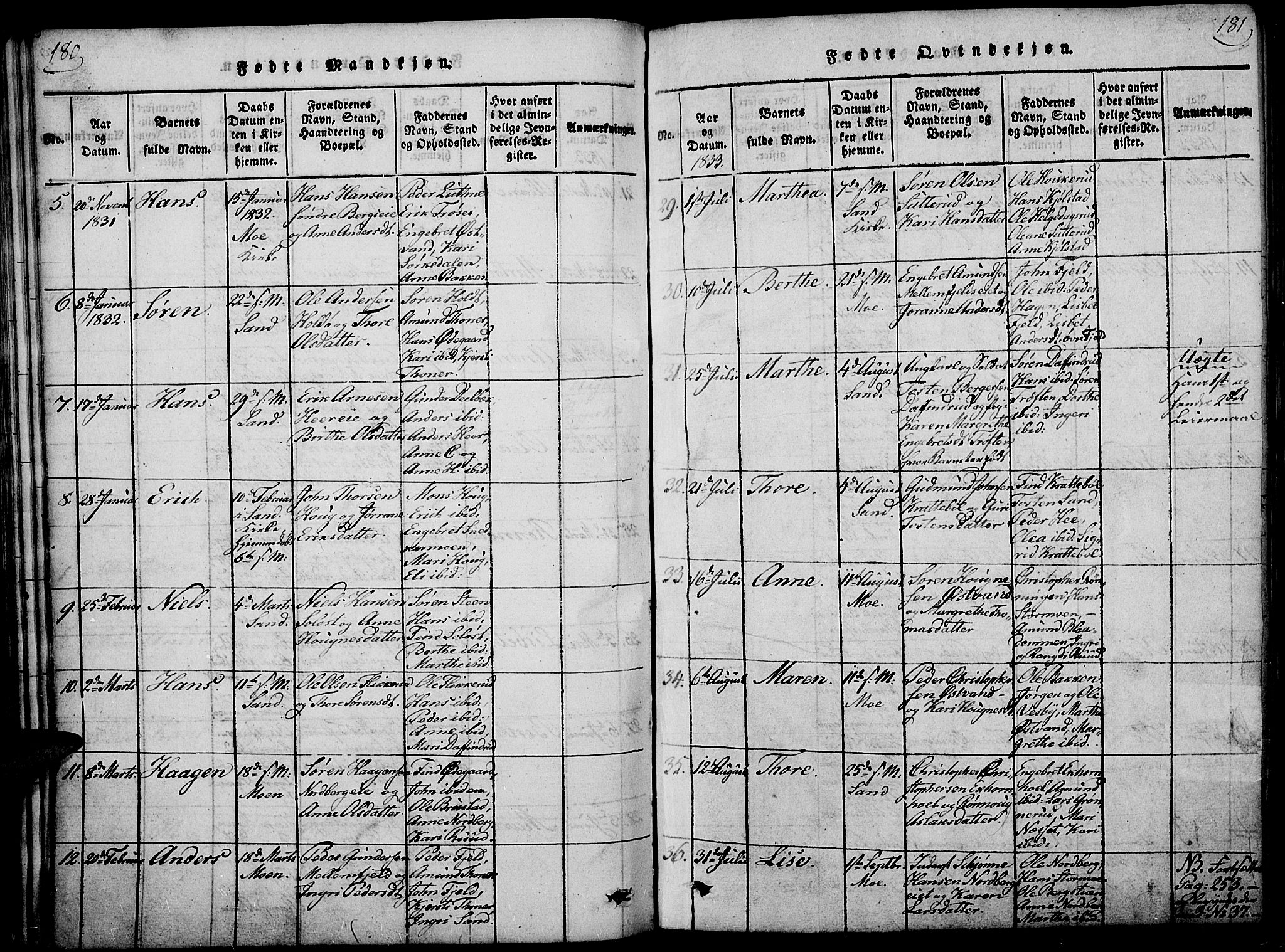 Nord-Odal prestekontor, AV/SAH-PREST-032/H/Ha/Haa/L0001: Parish register (official) no. 1, 1819-1838, p. 180-181