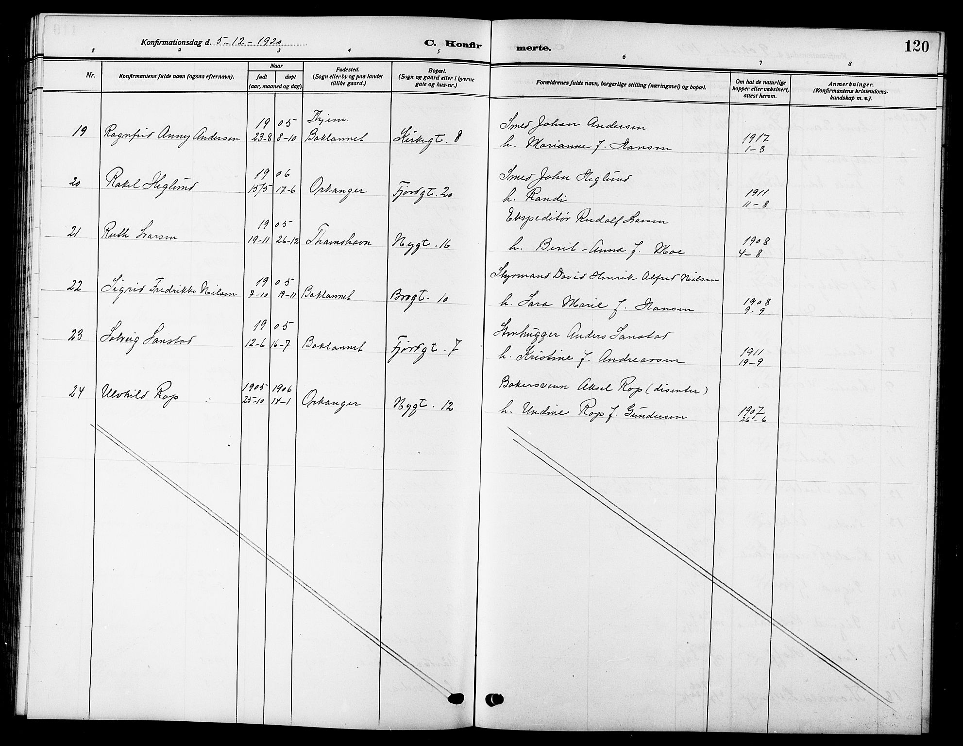 Ministerialprotokoller, klokkerbøker og fødselsregistre - Sør-Trøndelag, SAT/A-1456/669/L0831: Parish register (copy) no. 669C01, 1909-1924, p. 120