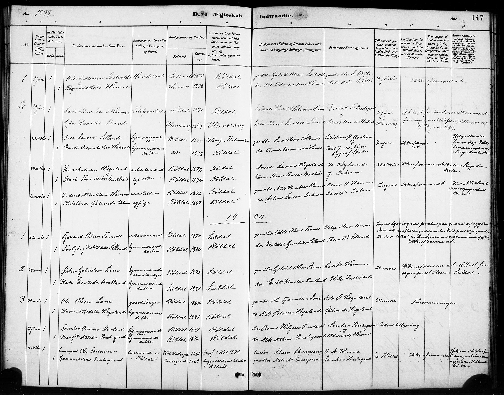 Røldal sokneprestembete, SAB/A-100247: Parish register (copy) no. A 3, 1887-1917, p. 147