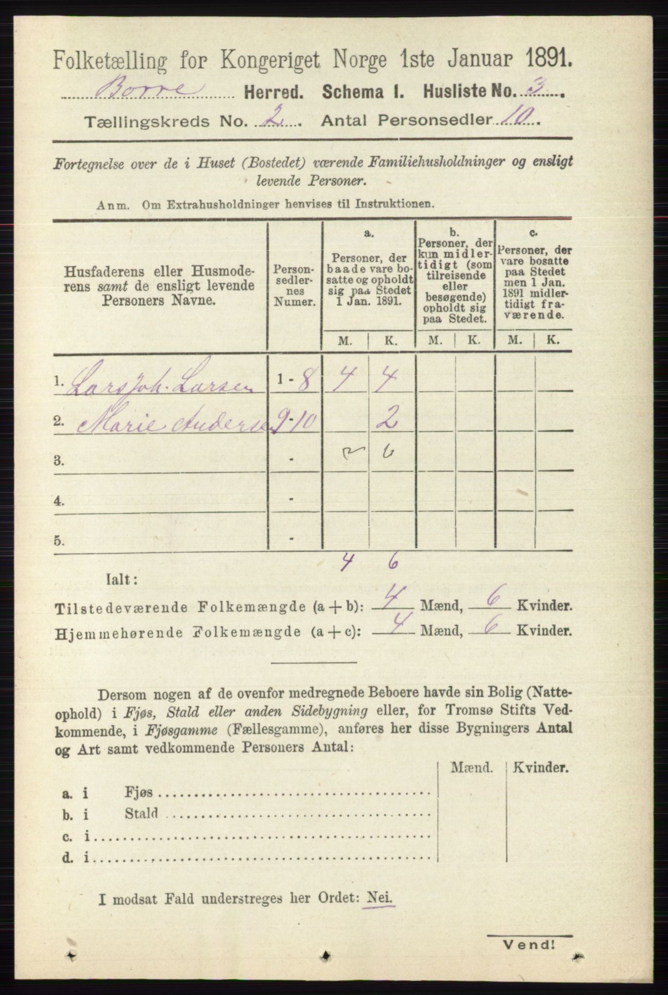 RA, 1891 census for 0717 Borre, 1891, p. 748