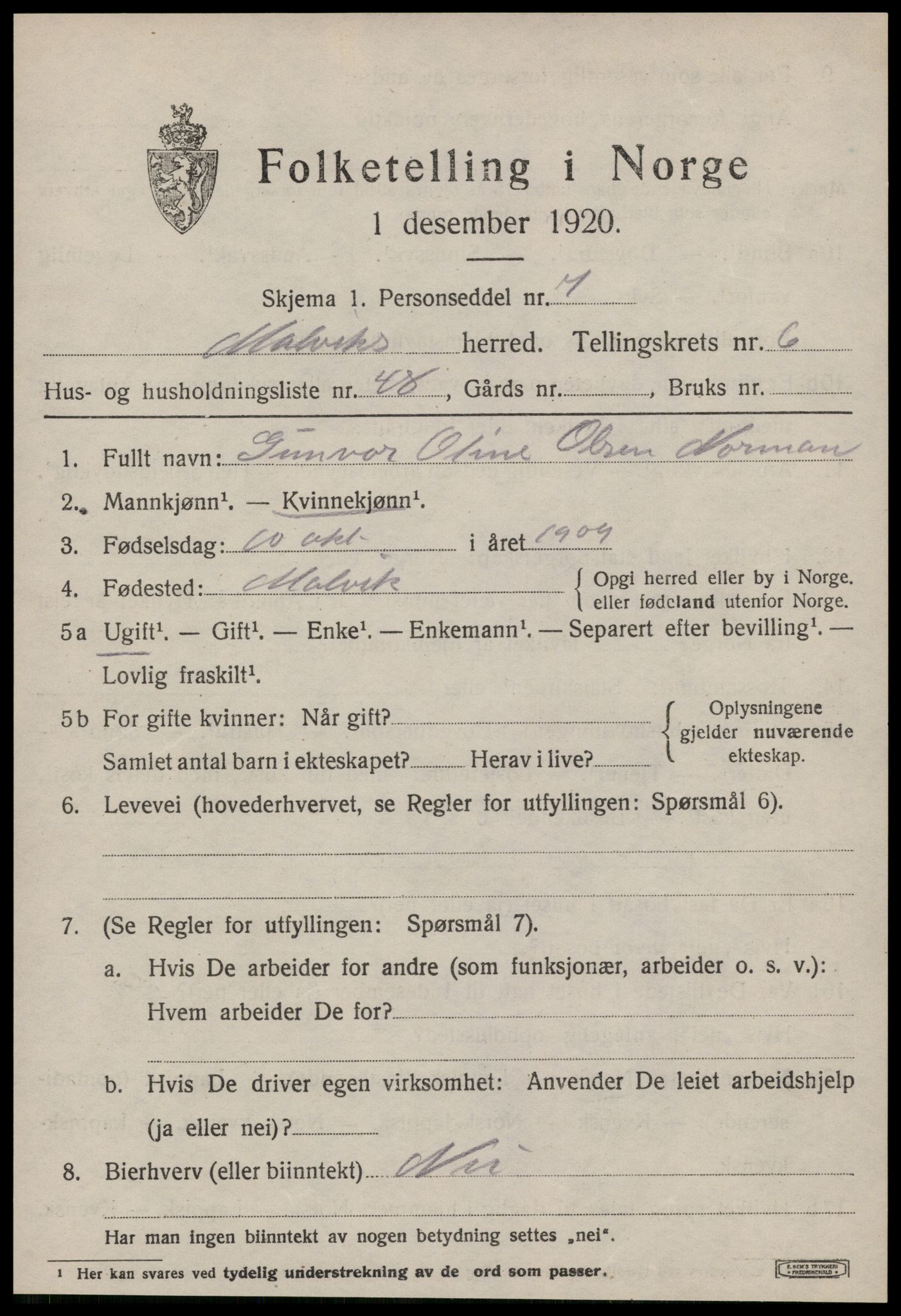 SAT, 1920 census for Malvik, 1920, p. 6242