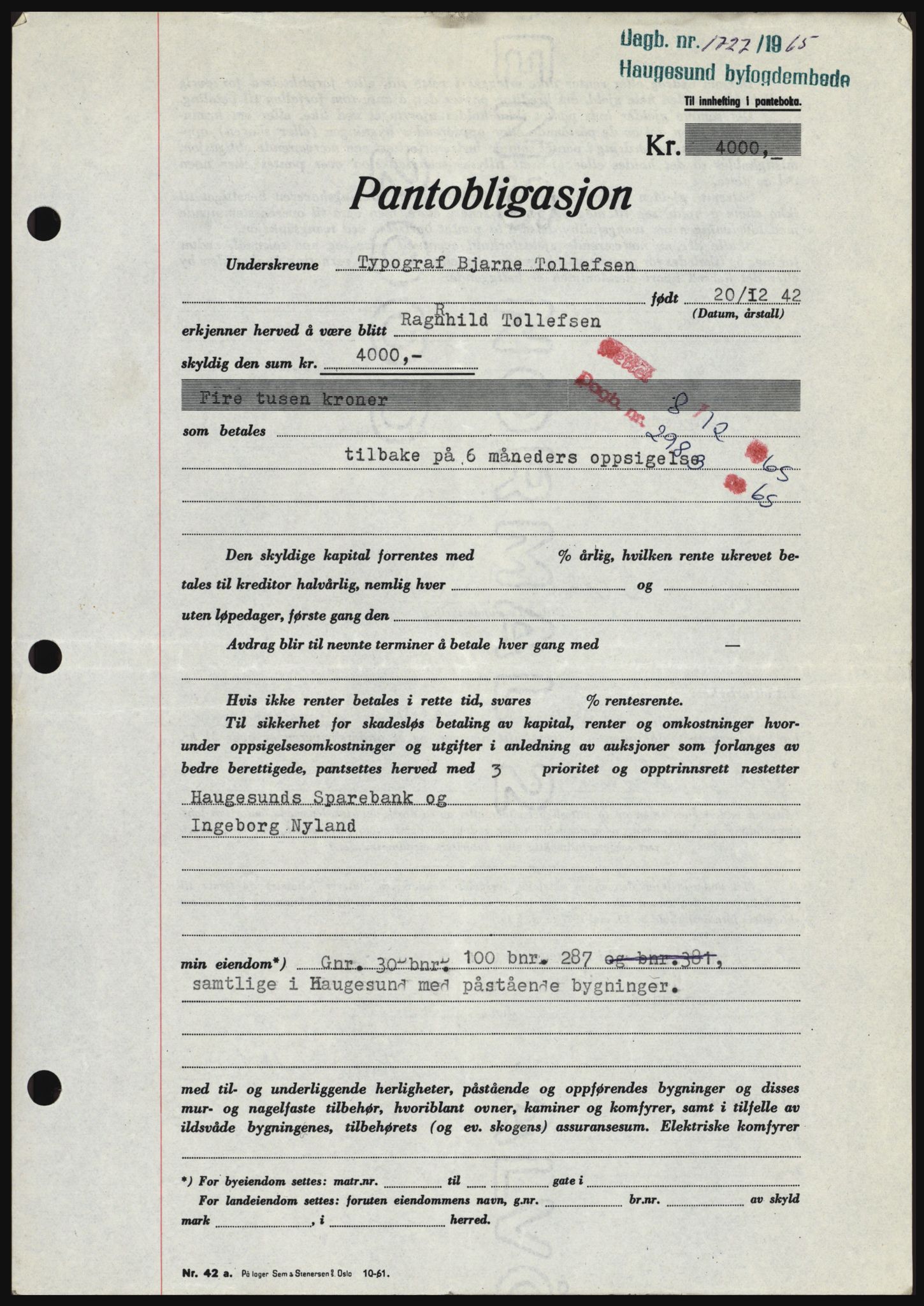 Haugesund tingrett, SAST/A-101415/01/II/IIC/L0053: Mortgage book no. B 53, 1965-1965, Diary no: : 1727/1965