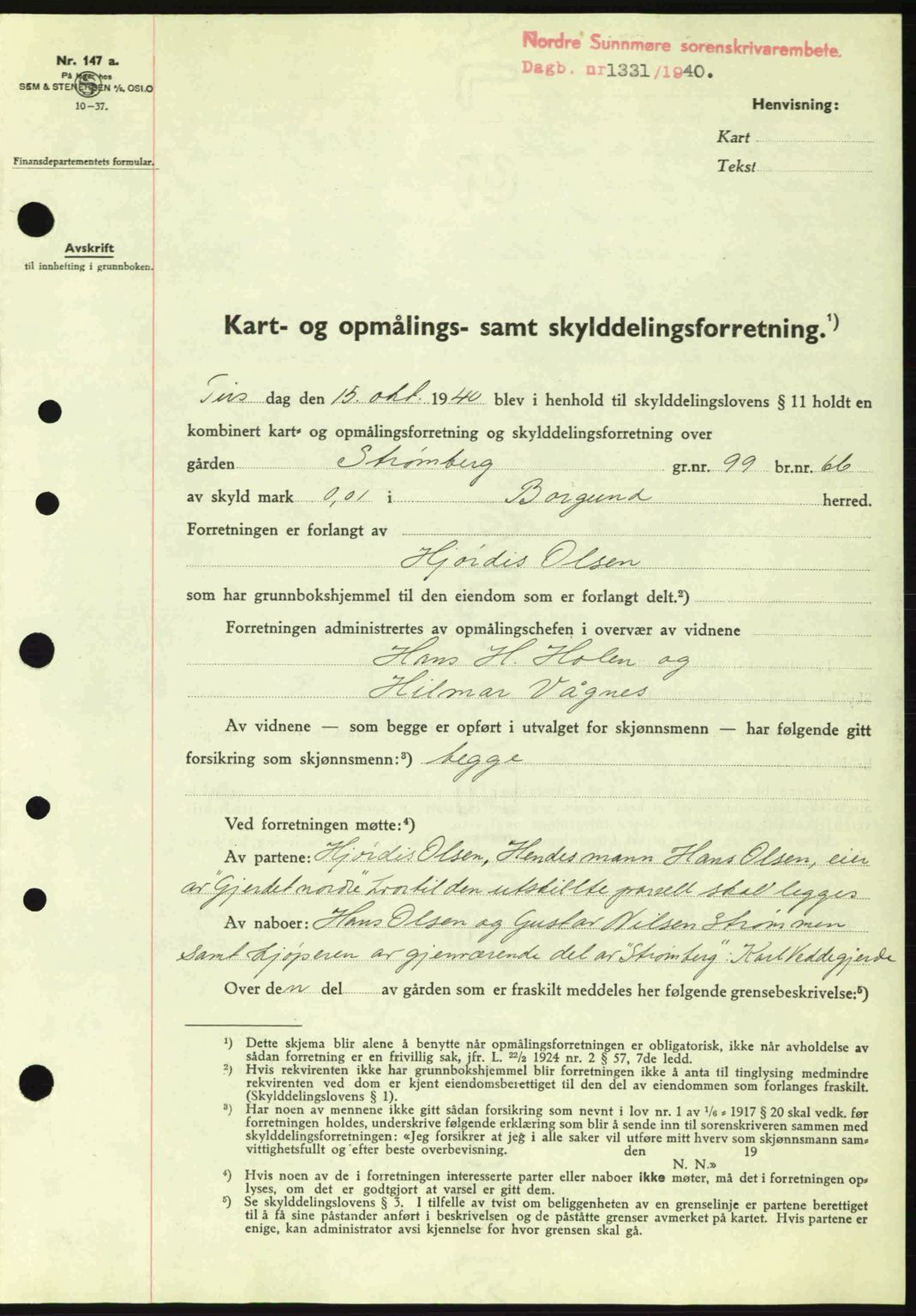 Nordre Sunnmøre sorenskriveri, AV/SAT-A-0006/1/2/2C/2Ca: Mortgage book no. A9, 1940-1940, Diary no: : 1331/1940