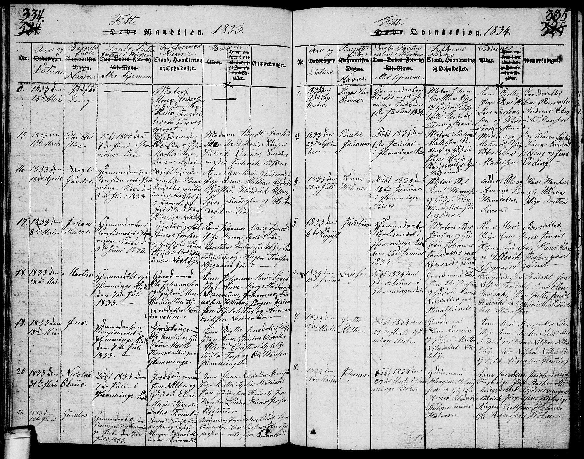 Glemmen prestekontor Kirkebøker, AV/SAO-A-10908/G/Ga/L0001: Parish register (copy) no. 1, 1816-1838, p. 334-335