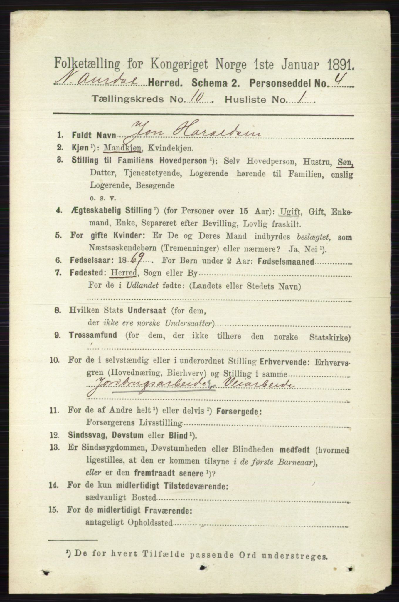 RA, 1891 census for 0542 Nord-Aurdal, 1891, p. 3734